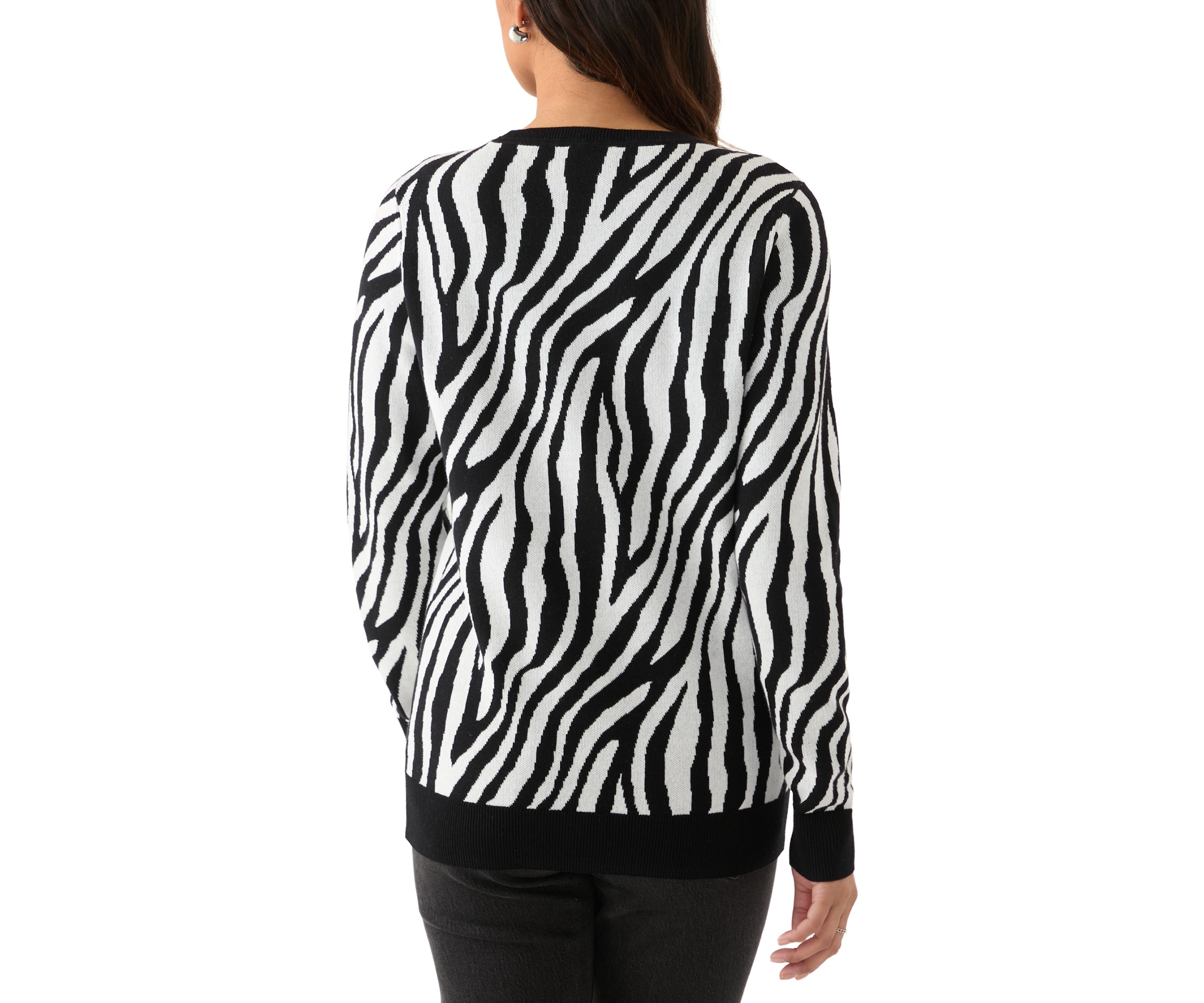 Womens Crew Neck Jacquard Knit Zebra Printed Sweater