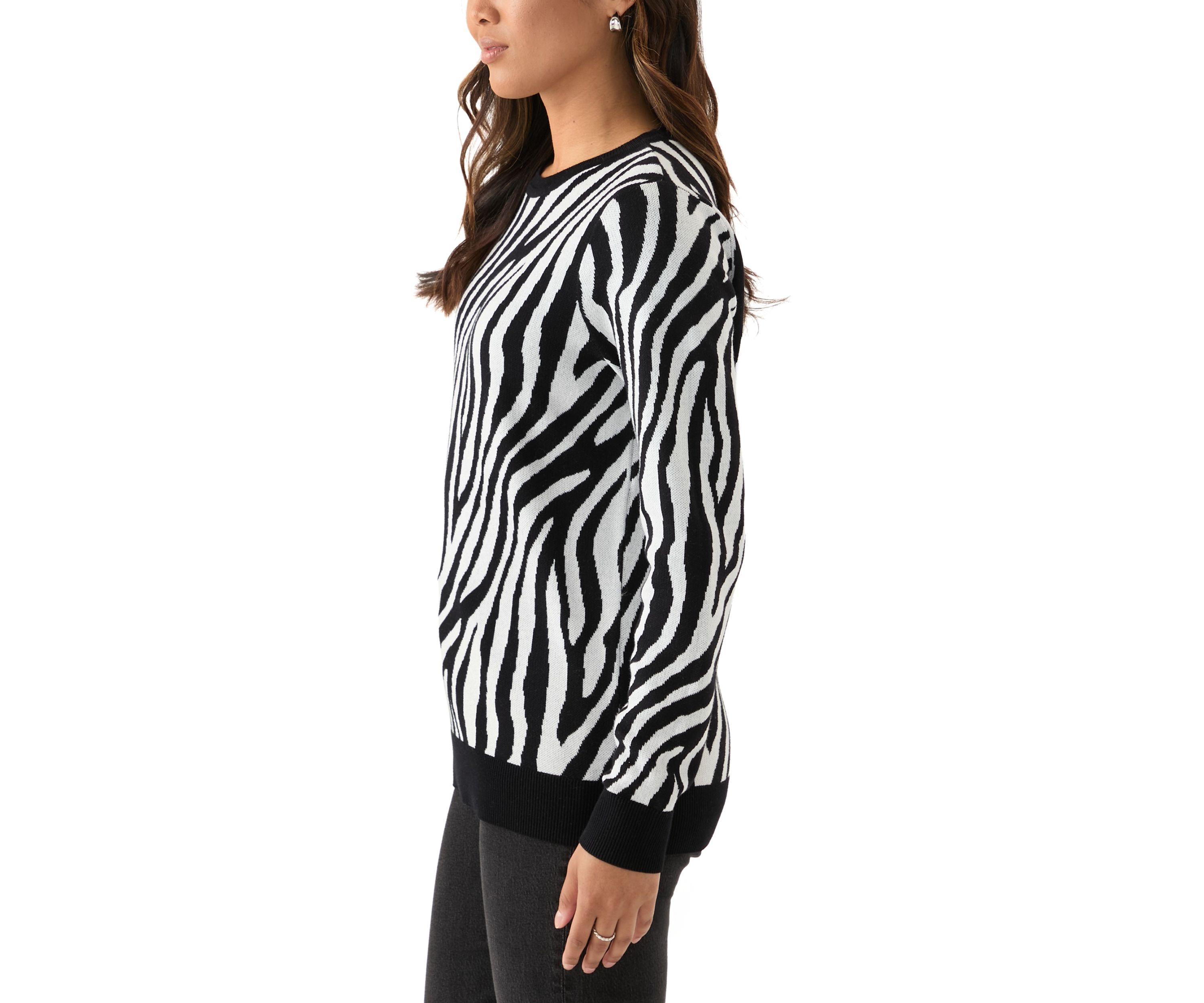 Womens Crew Neck Jacquard Knit Zebra Printed Sweater