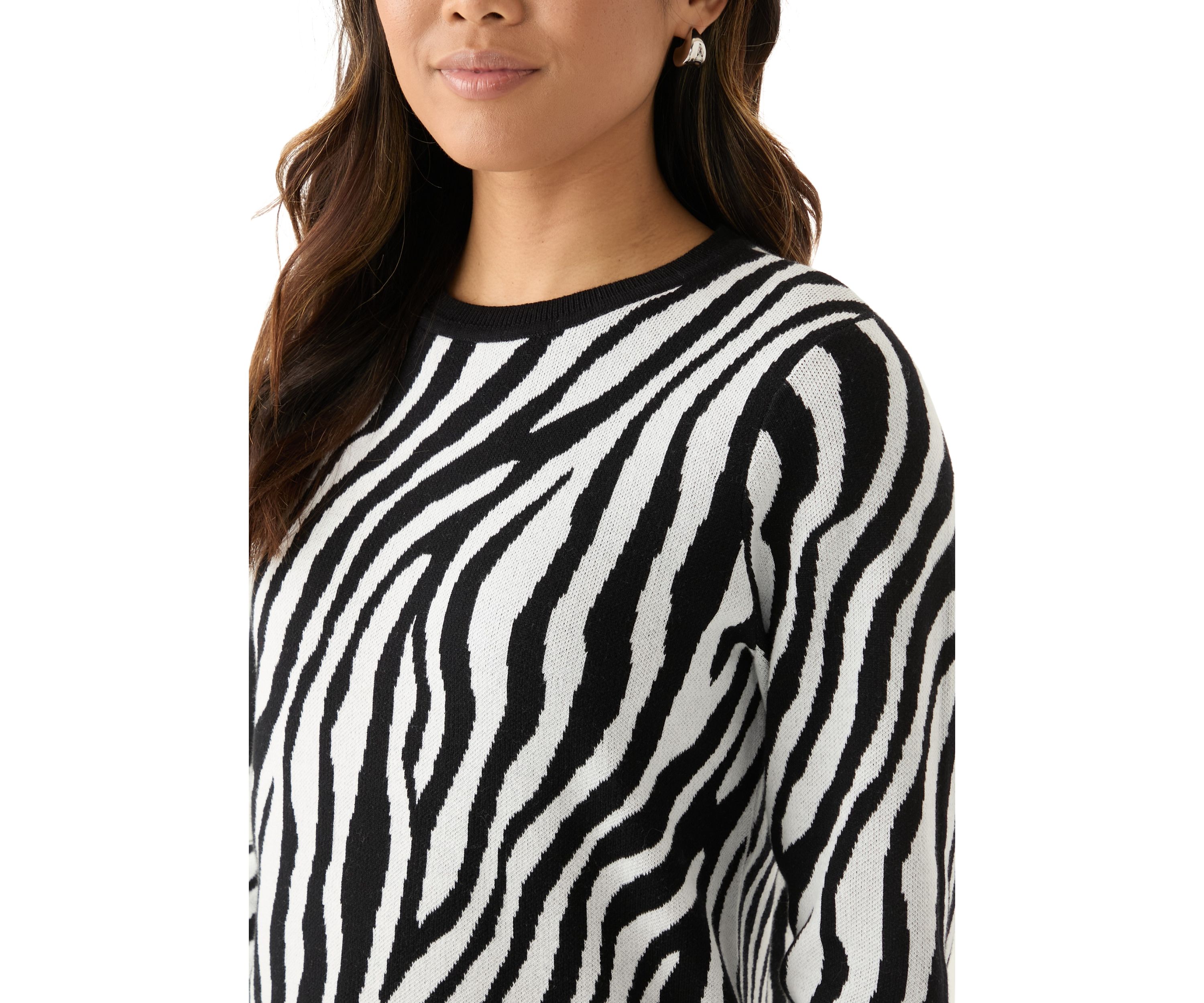 Womens Crew Neck Jacquard Knit Zebra Printed Sweater