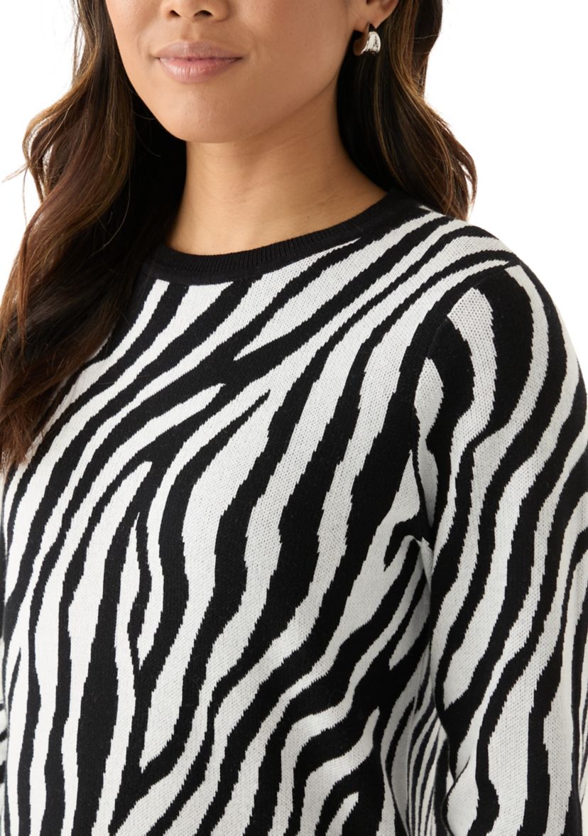 Womens Crew Neck Jacquard Knit Zebra Printed Sweater