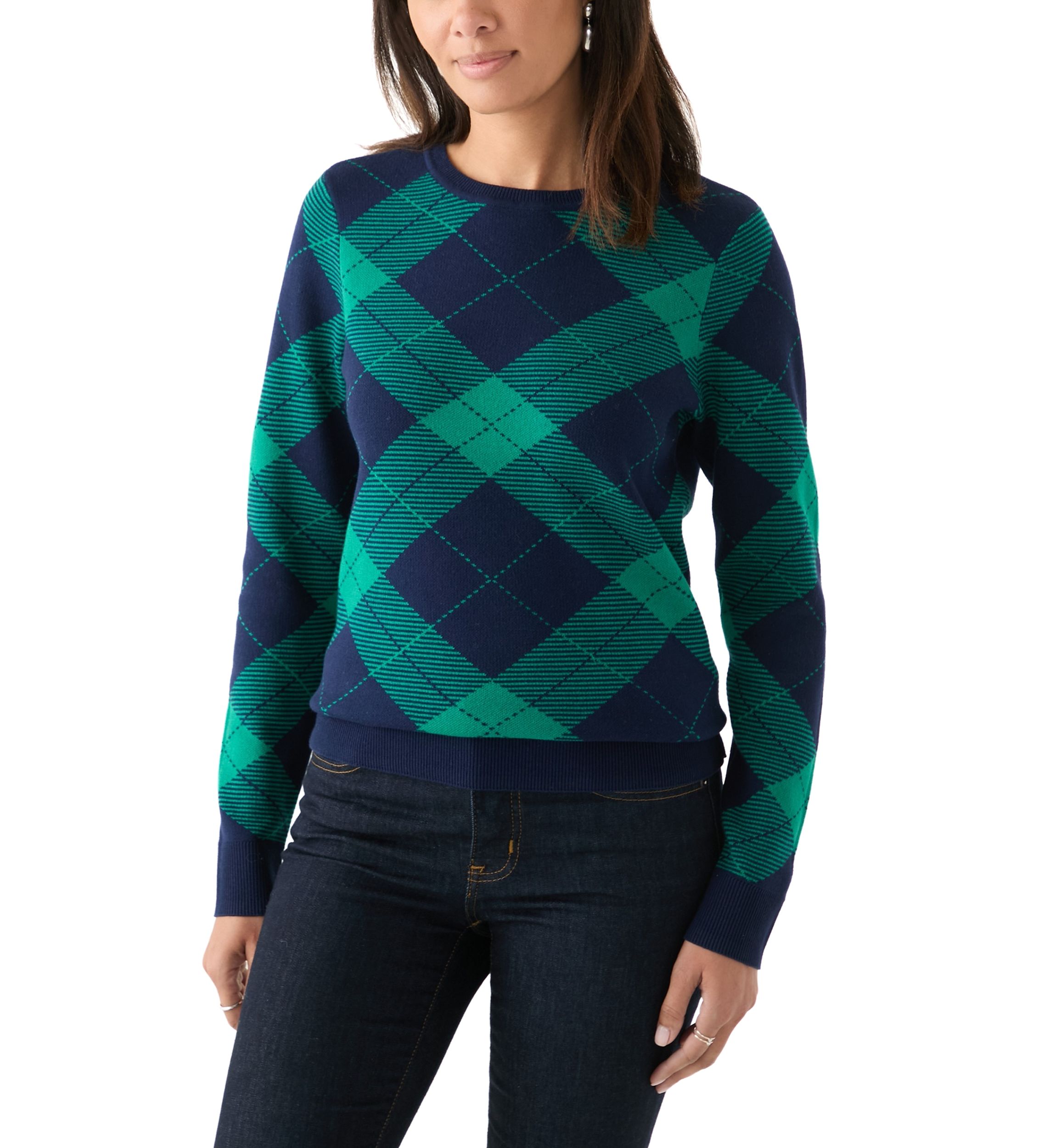 Womens Long Sleeve Crew Neck Jacquard Plaid Sweater
