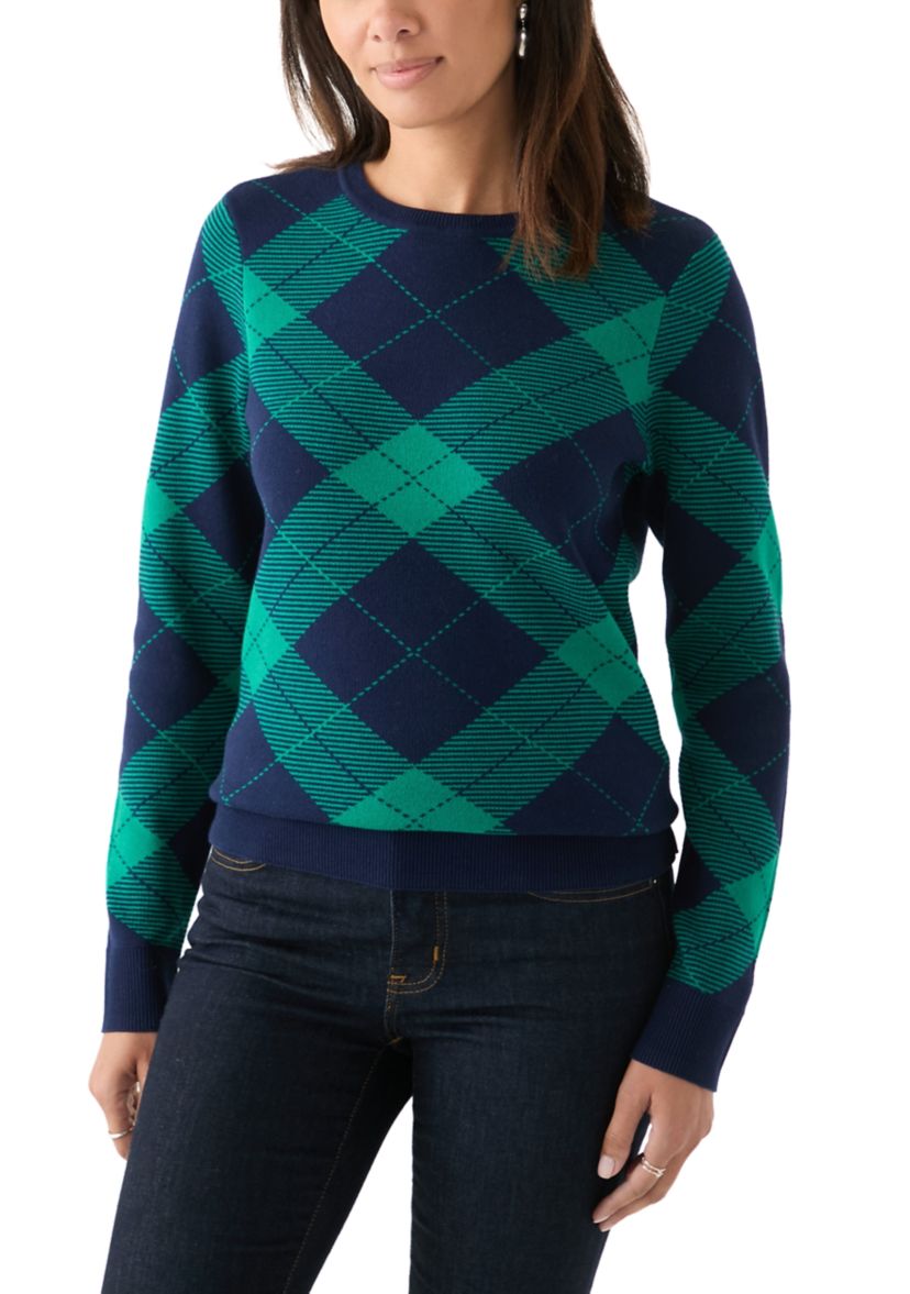 Womens Long Sleeve Crew Neck Jacquard Plaid Sweater