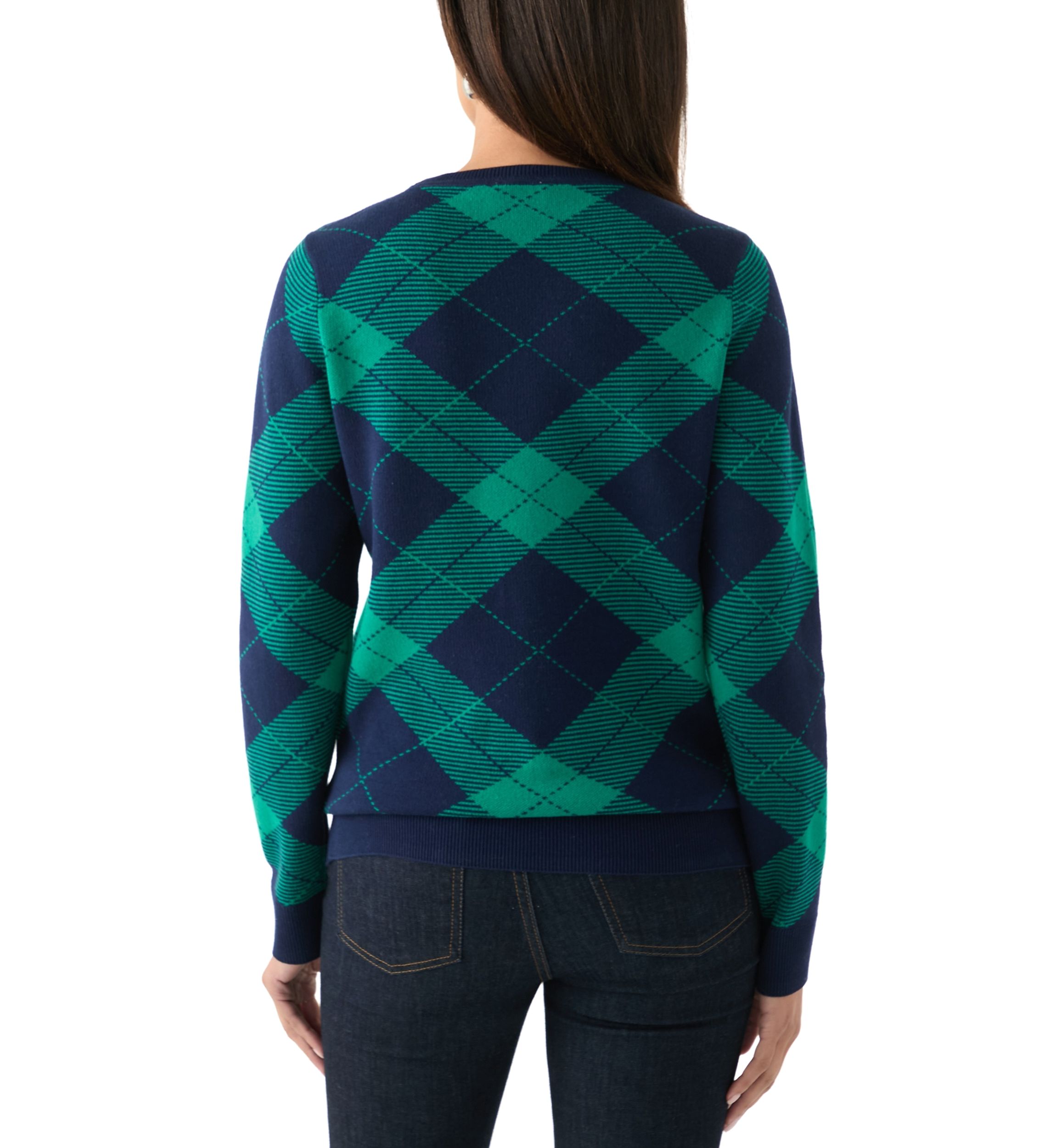 Womens Long Sleeve Crew Neck Jacquard Plaid Sweater
