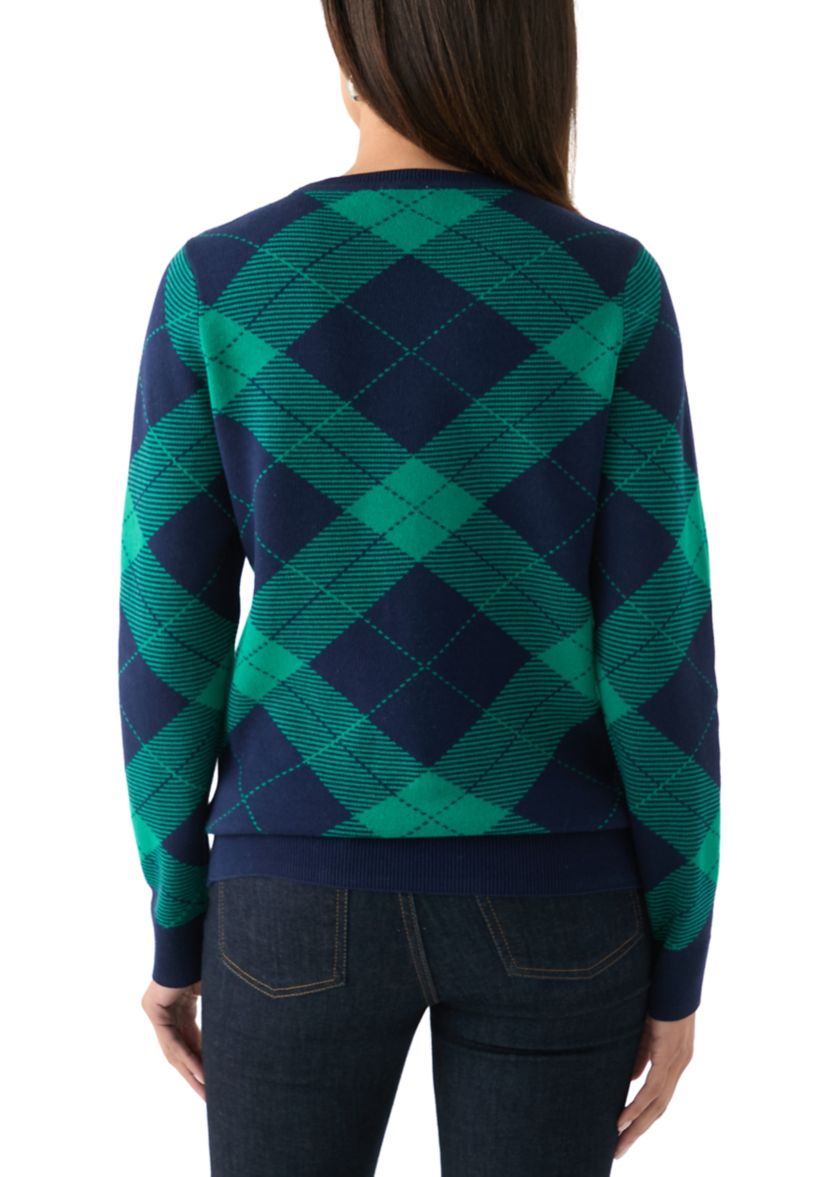 Womens Long Sleeve Crew Neck Jacquard Plaid Sweater