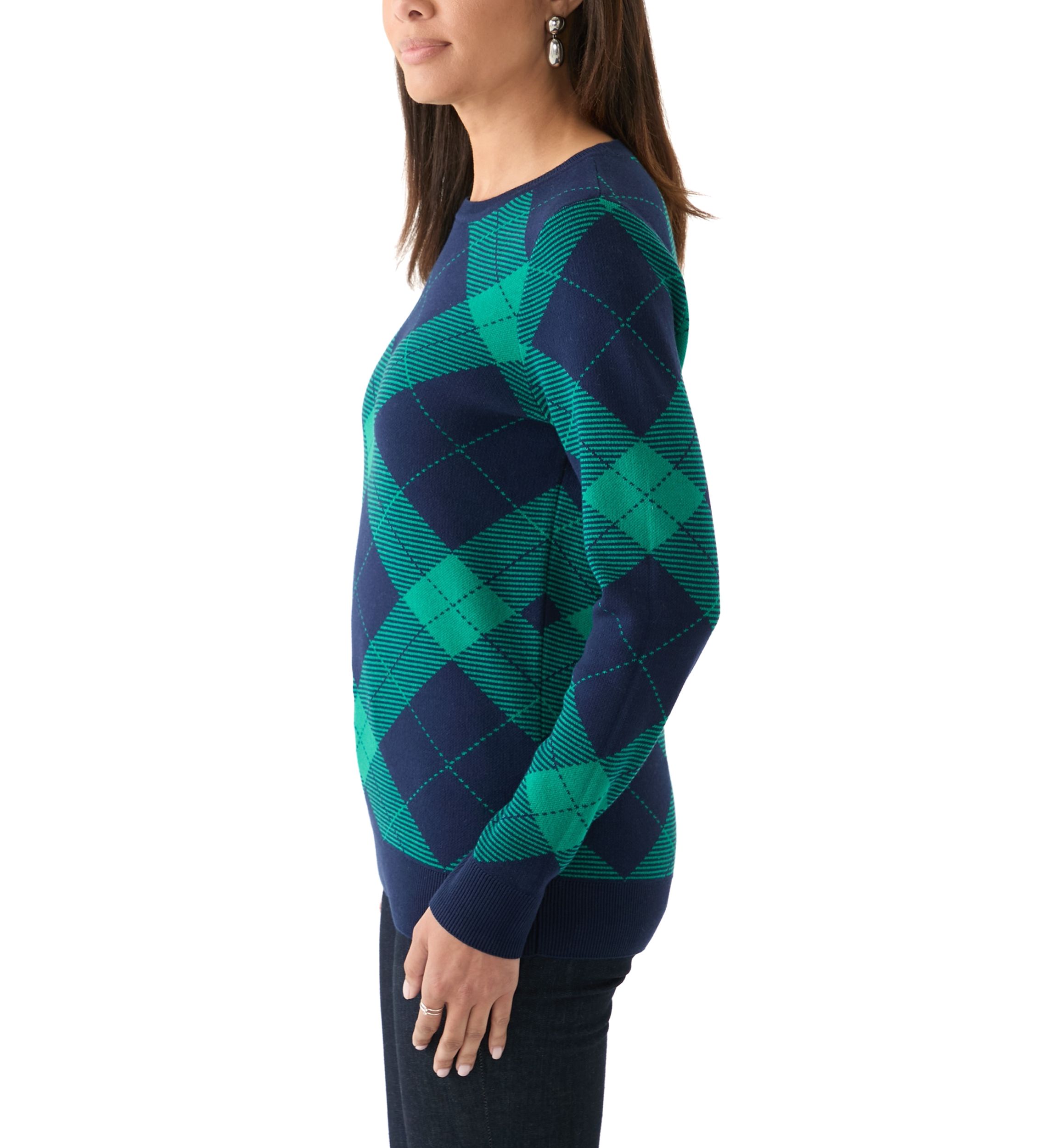 Womens Long Sleeve Crew Neck Jacquard Plaid Sweater