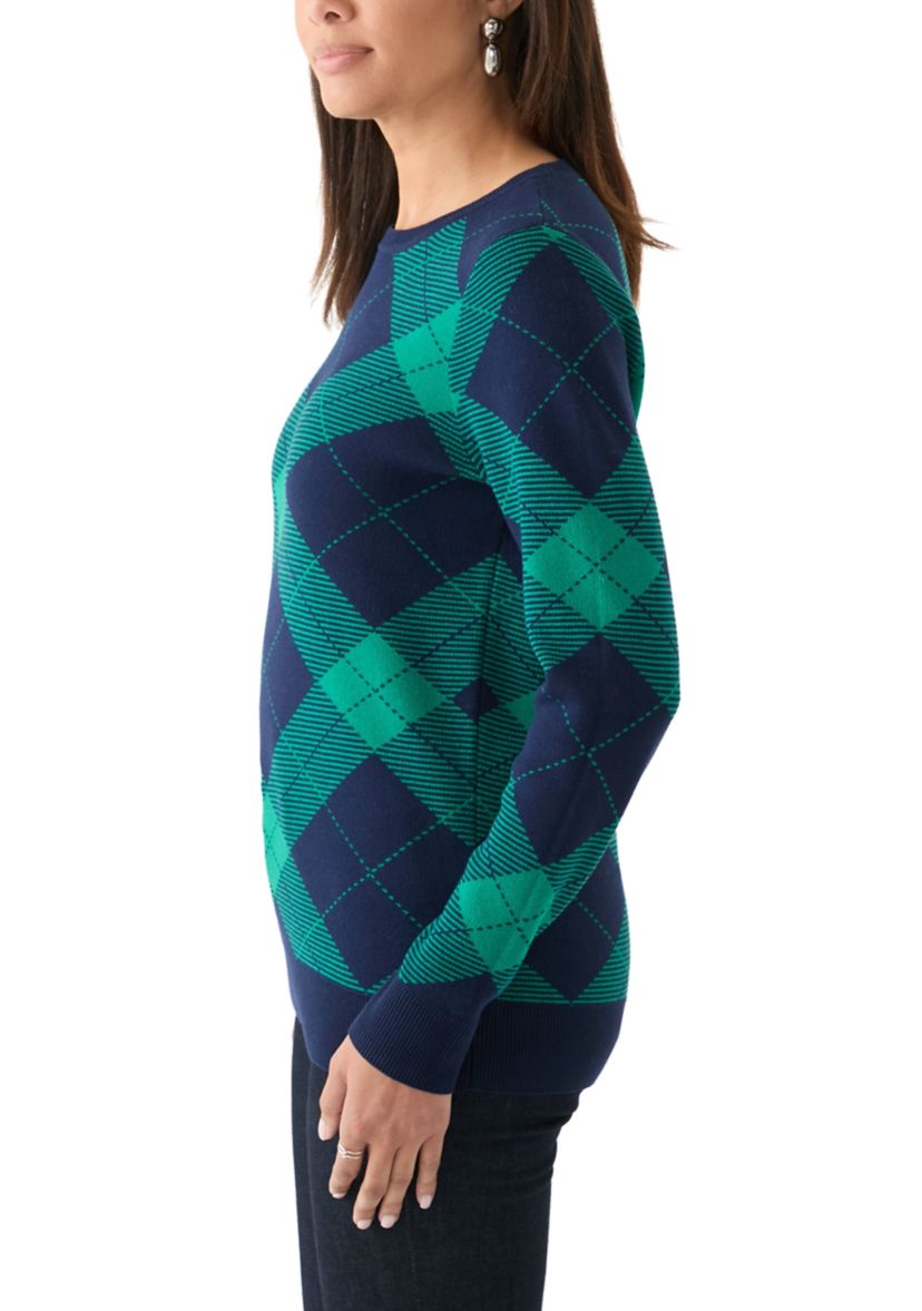 Womens Long Sleeve Crew Neck Jacquard Plaid Sweater