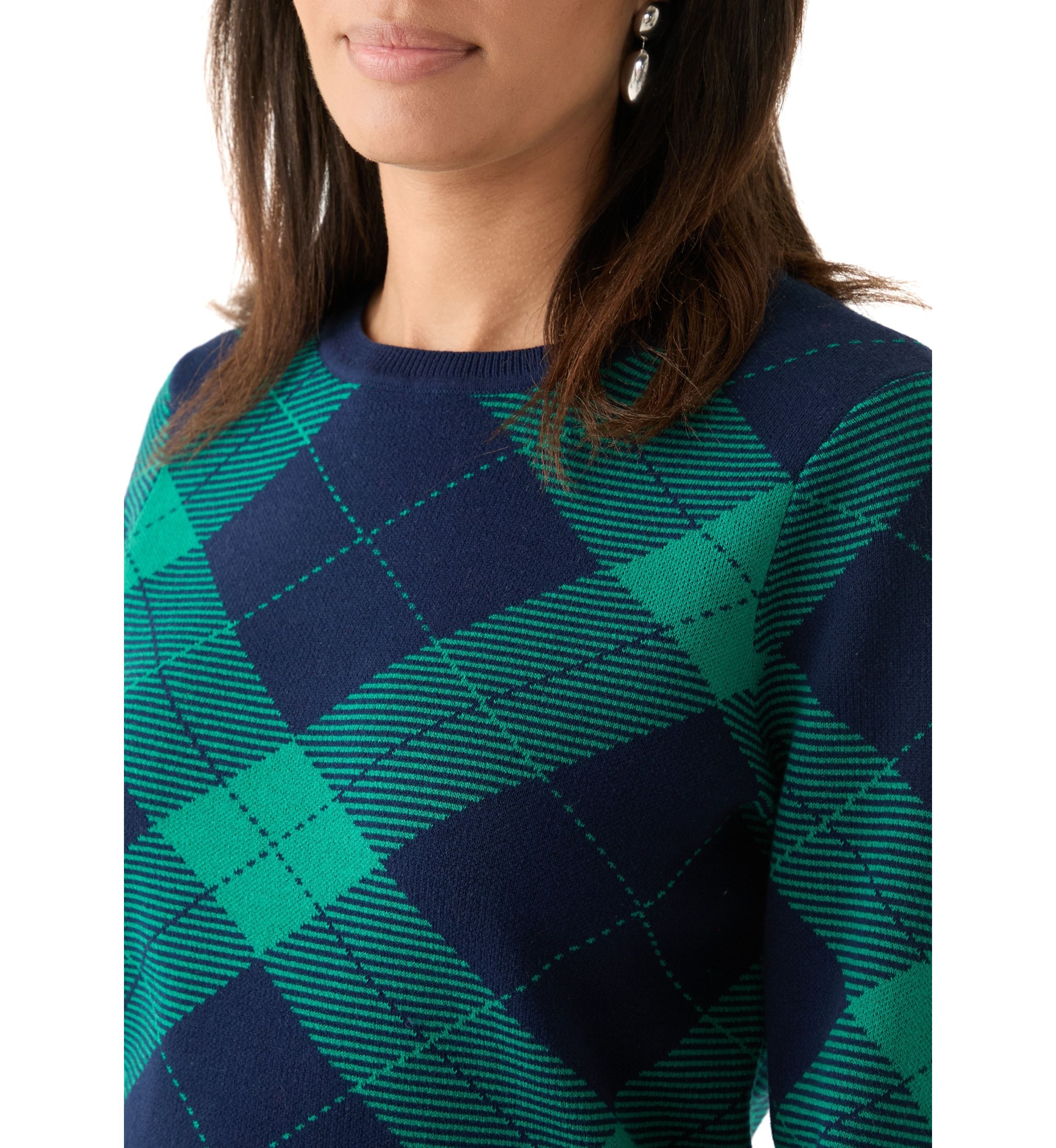 Womens Long Sleeve Crew Neck Jacquard Plaid Sweater