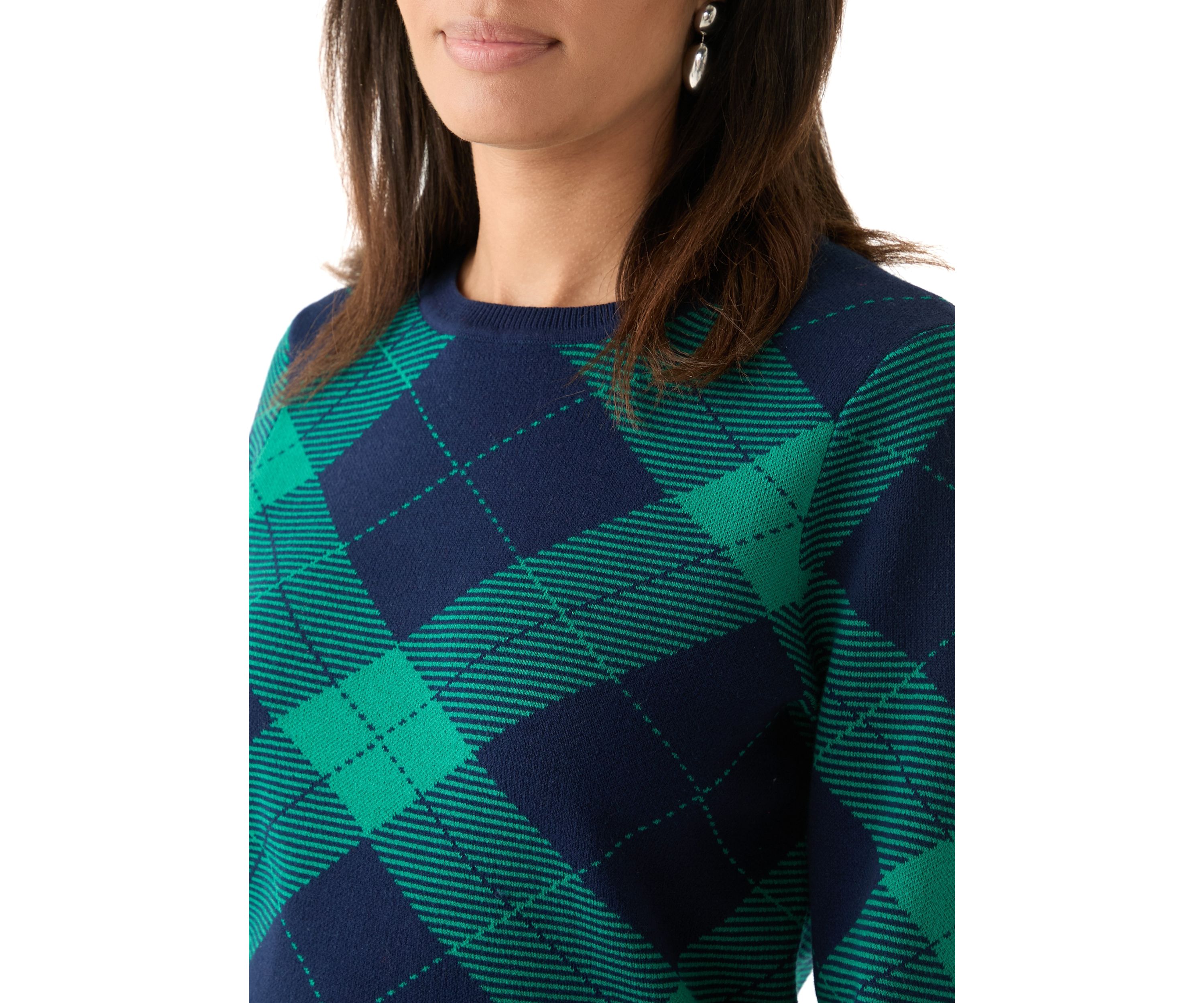 Womens Long Sleeve Crew Neck Jacquard Plaid Sweater