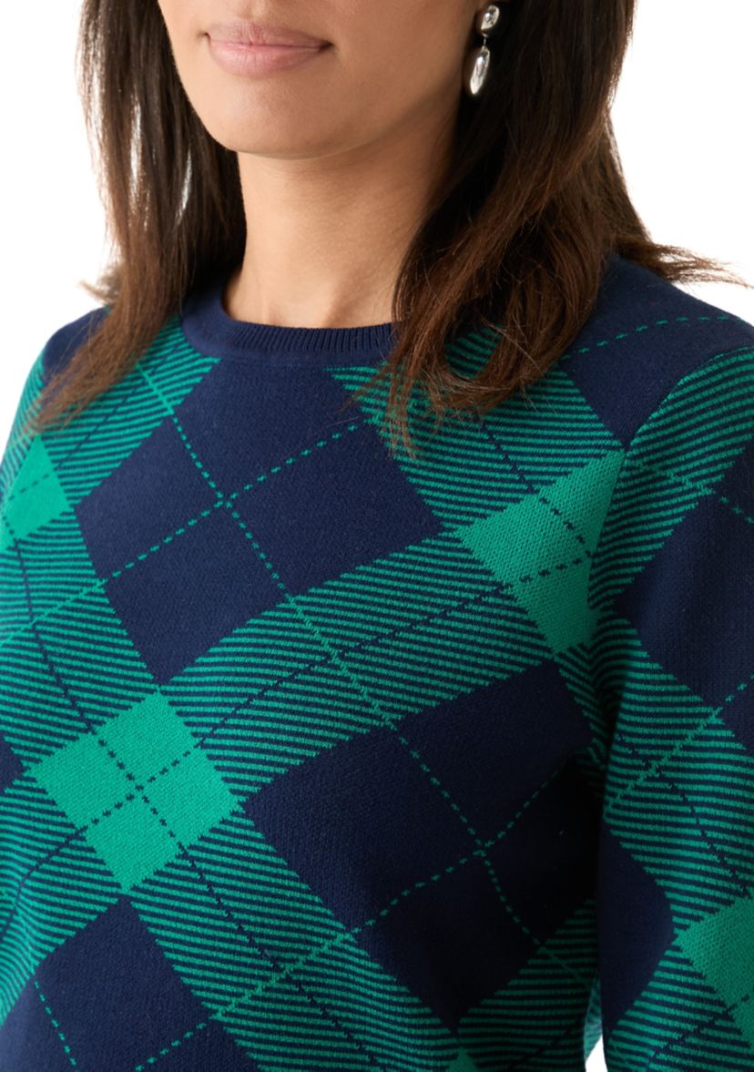 Womens Long Sleeve Crew Neck Jacquard Plaid Sweater