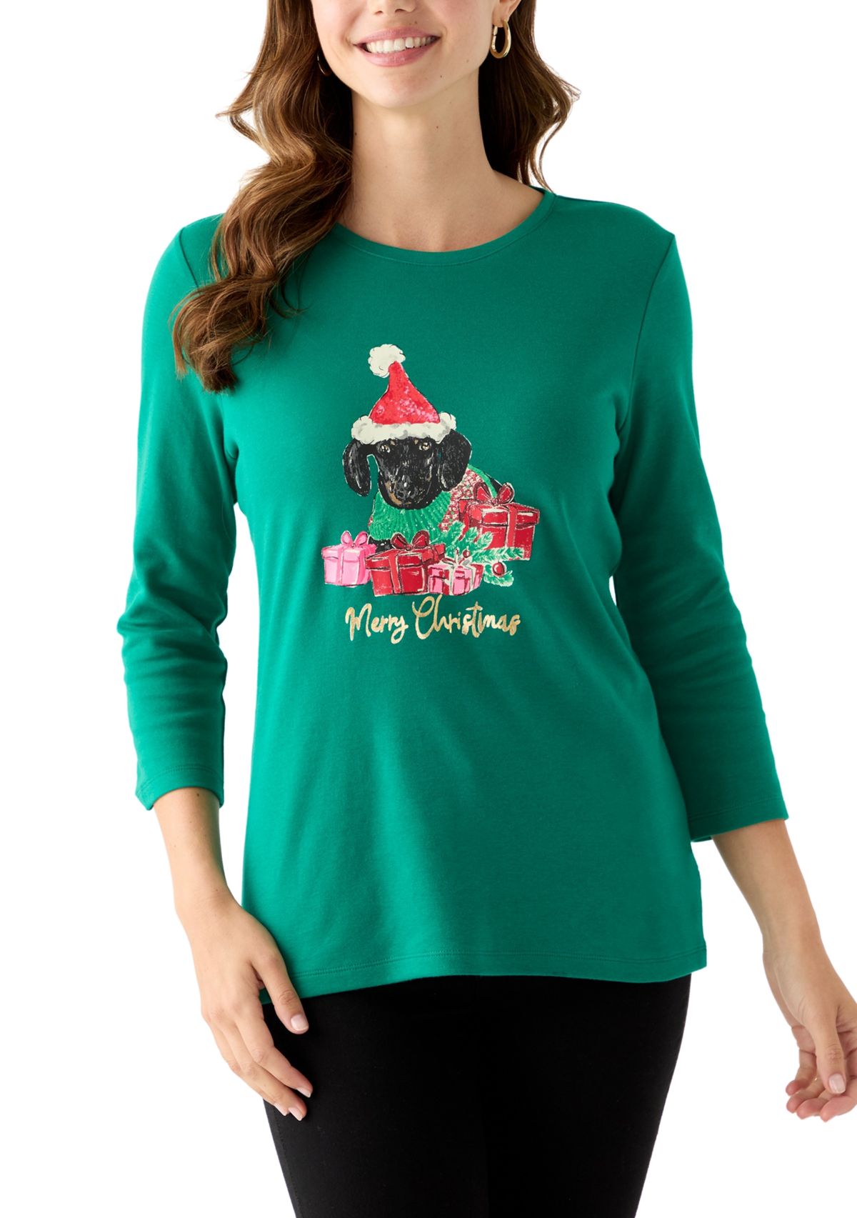 Womens 3/4 Sleeve Christmas Lights Graphic T-Shirt