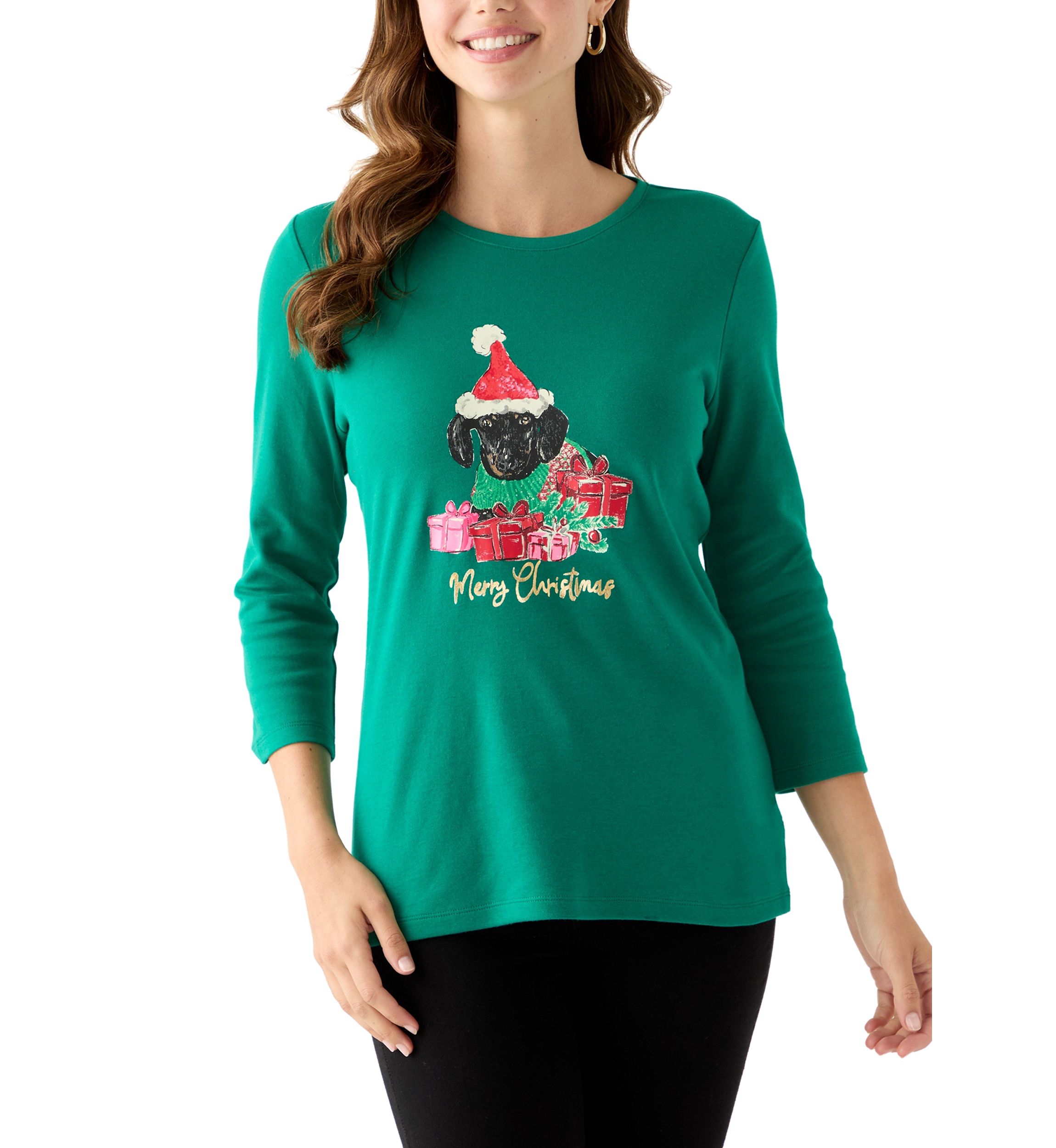 Womens 3/4 Sleeve Christmas Lights Graphic T-Shirt