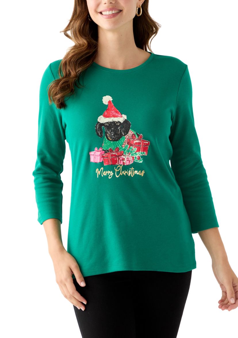 Womens 3/4 Sleeve Christmas Lights Graphic T-Shirt
