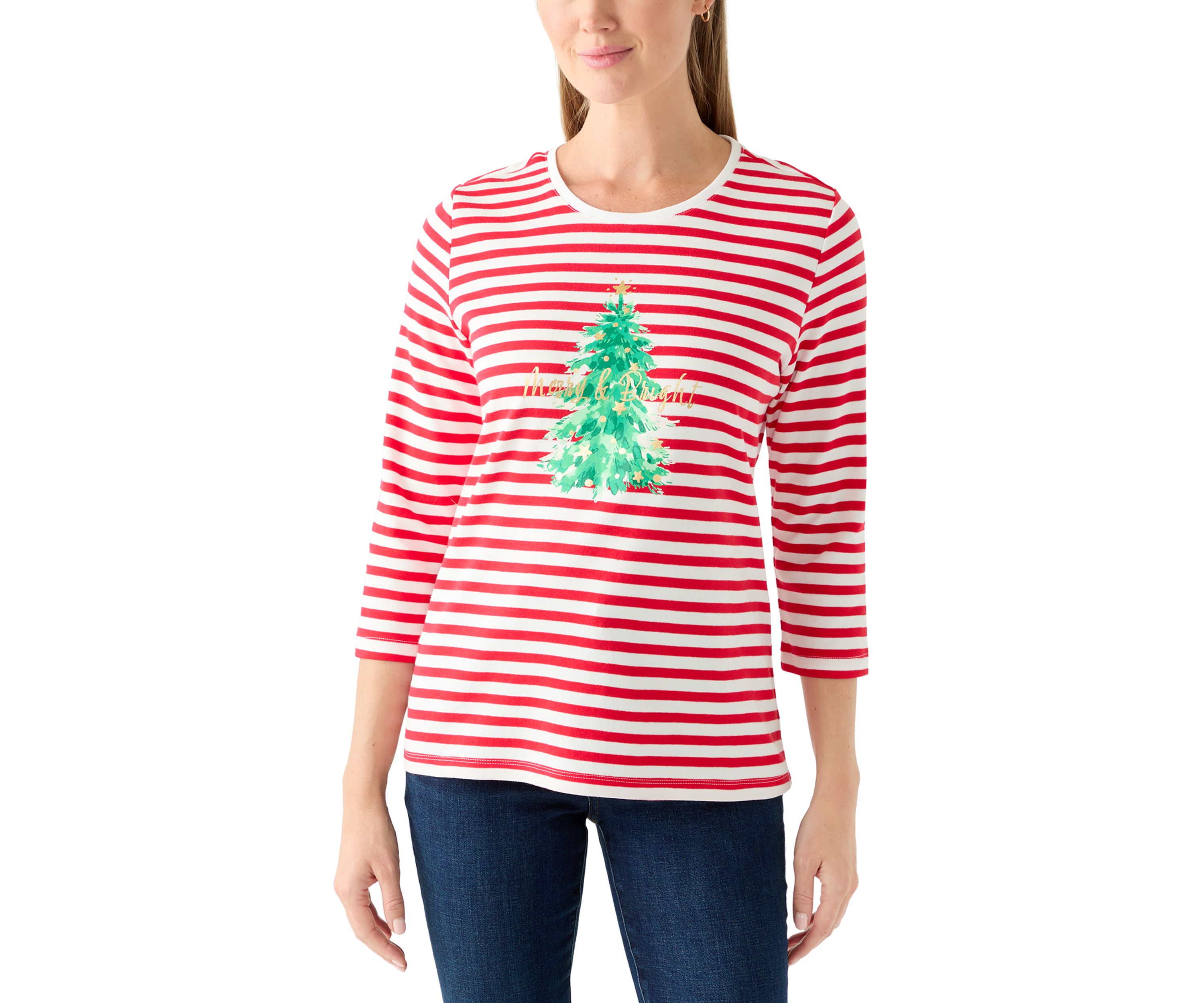 Womens 3/4 Sleeve Holiday Graphic T-Shirt