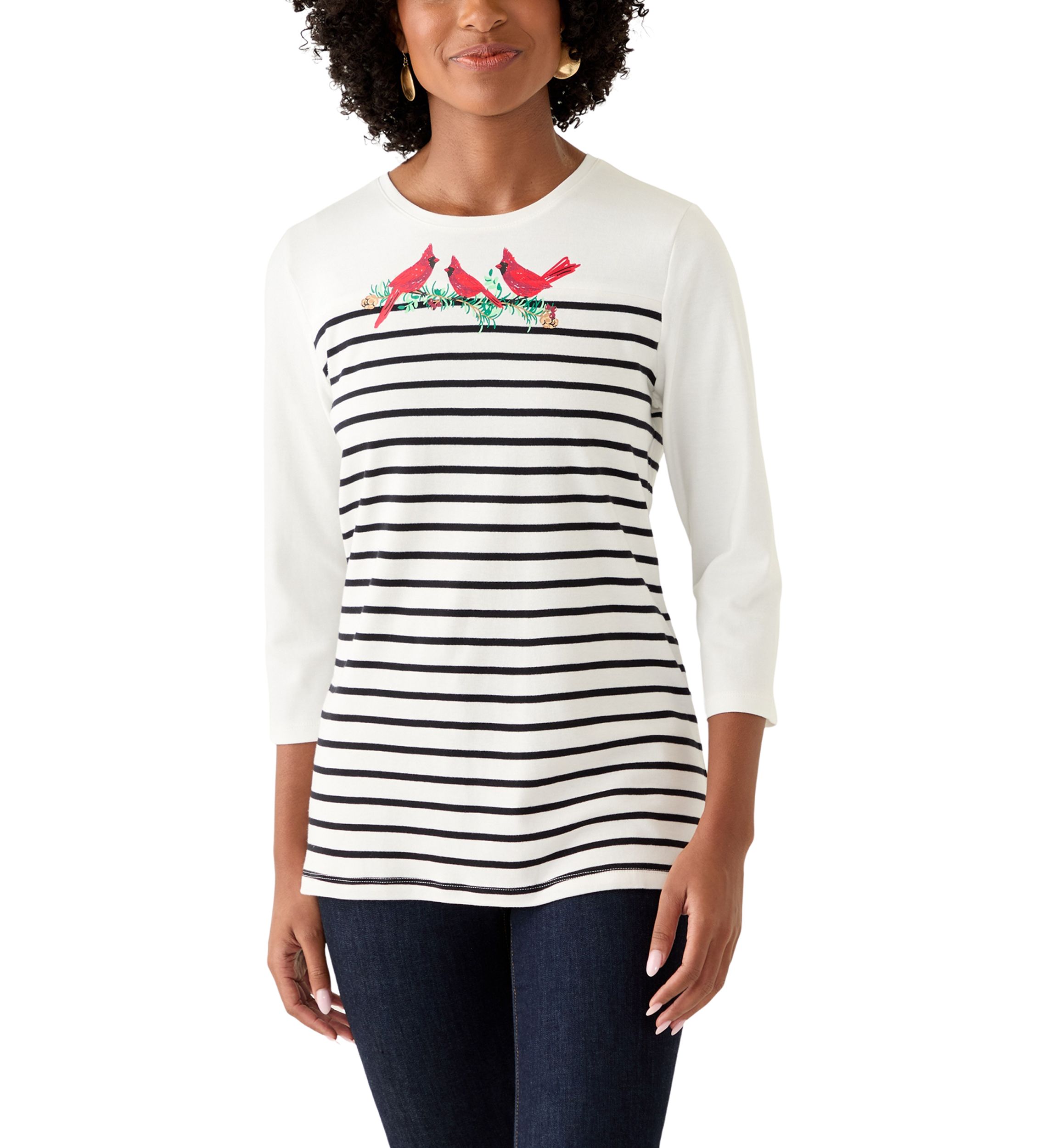 Womens Three-Quarter Sleeve Pieced Yoke Graphic T-Shirt