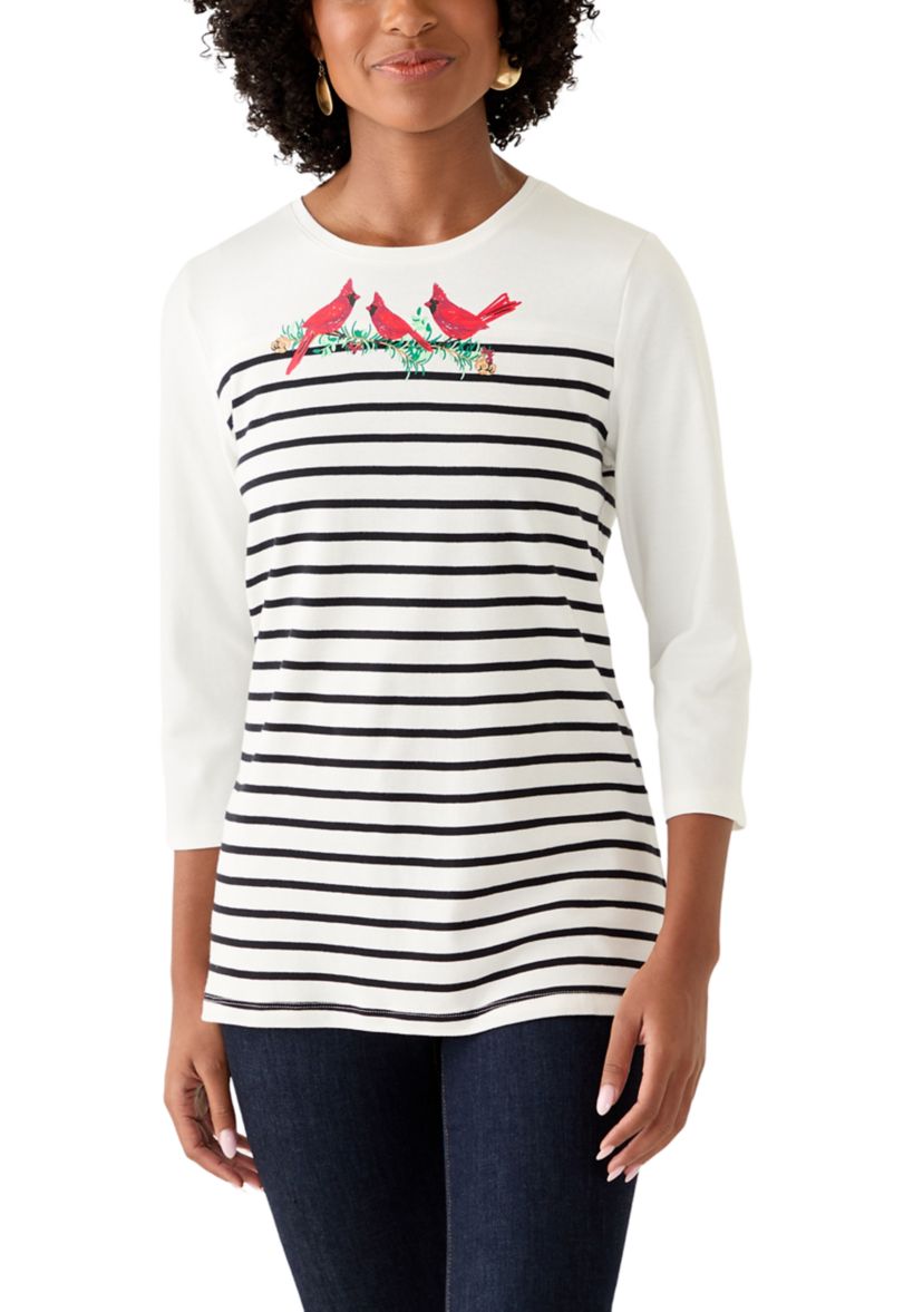 Womens Three-Quarter Sleeve Pieced Yoke Graphic T-Shirt