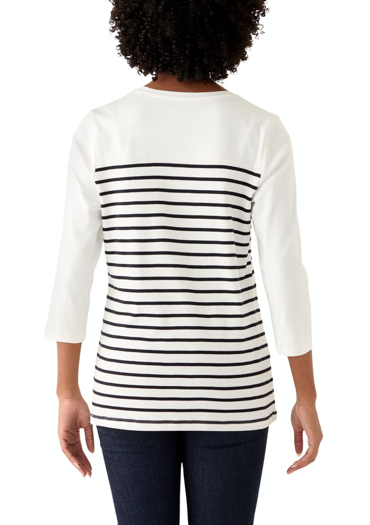 Womens Three-Quarter Sleeve Pieced Yoke Graphic T-Shirt