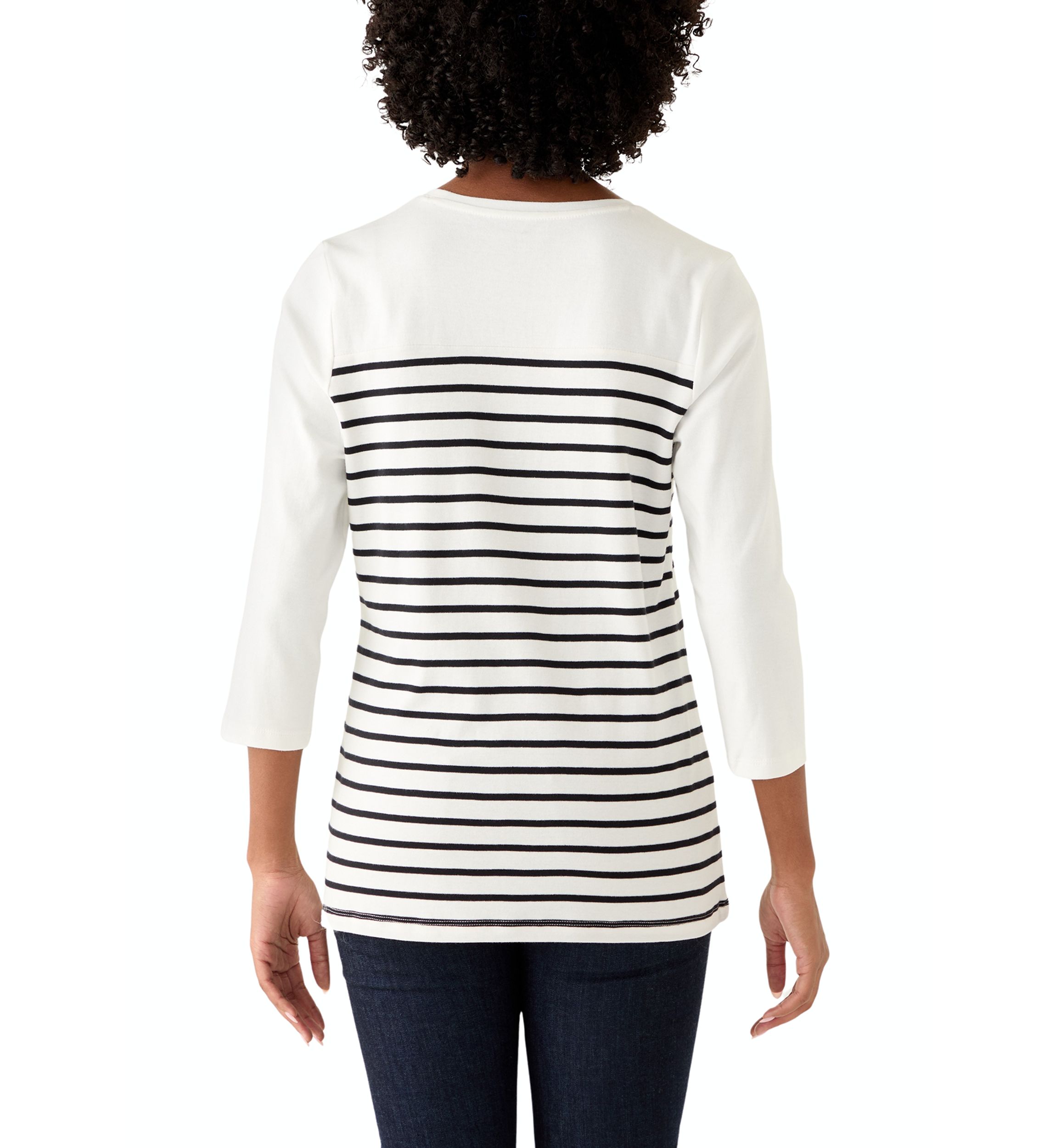 Womens Three-Quarter Sleeve Pieced Yoke Graphic T-Shirt