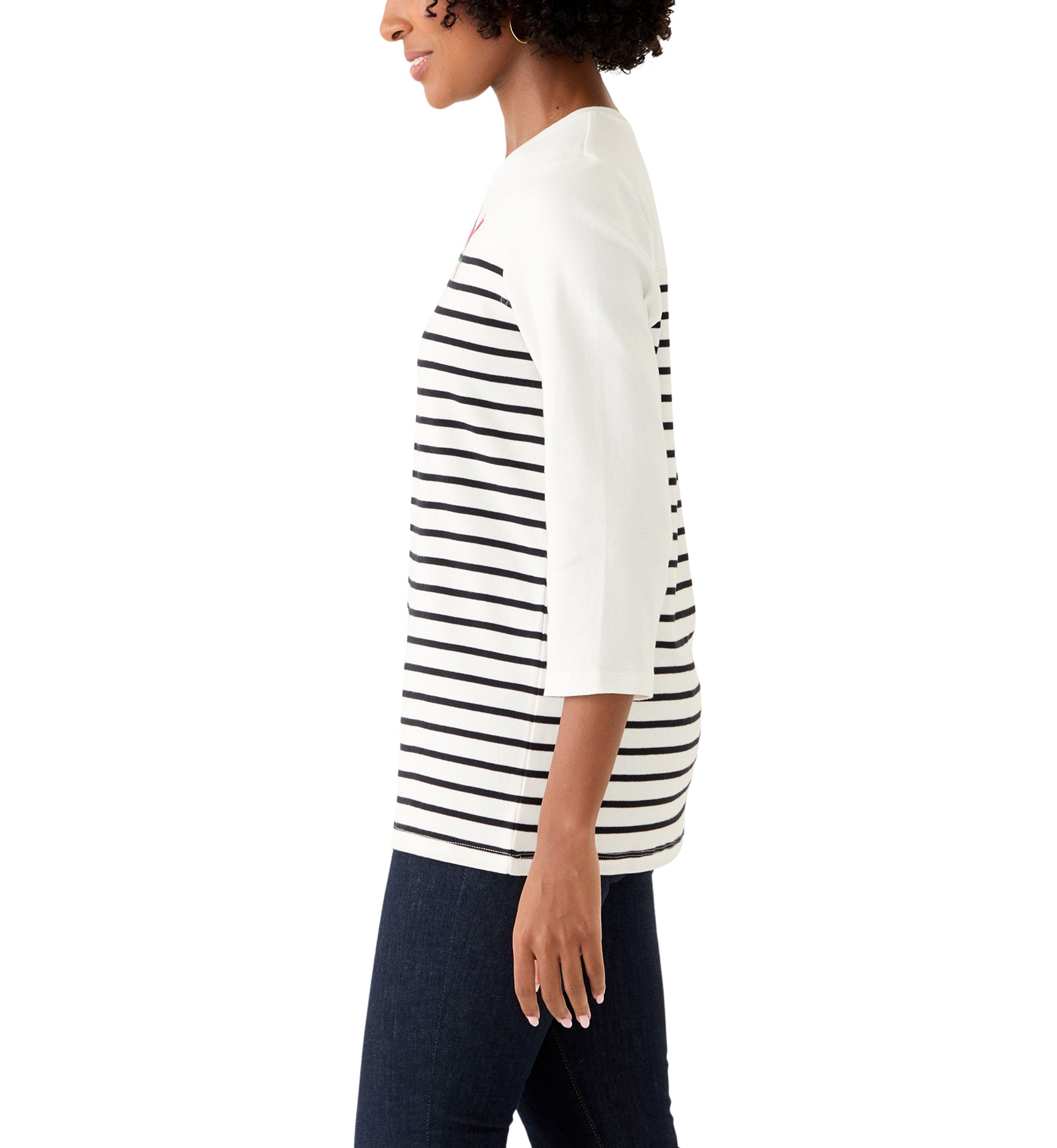 Womens Three-Quarter Sleeve Pieced Yoke Graphic T-Shirt