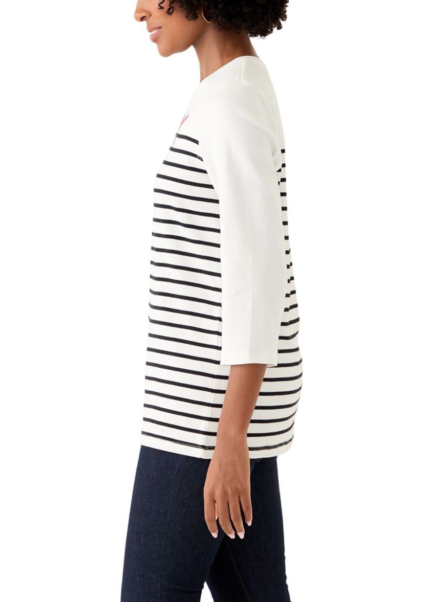 Womens Three-Quarter Sleeve Pieced Yoke Graphic T-Shirt