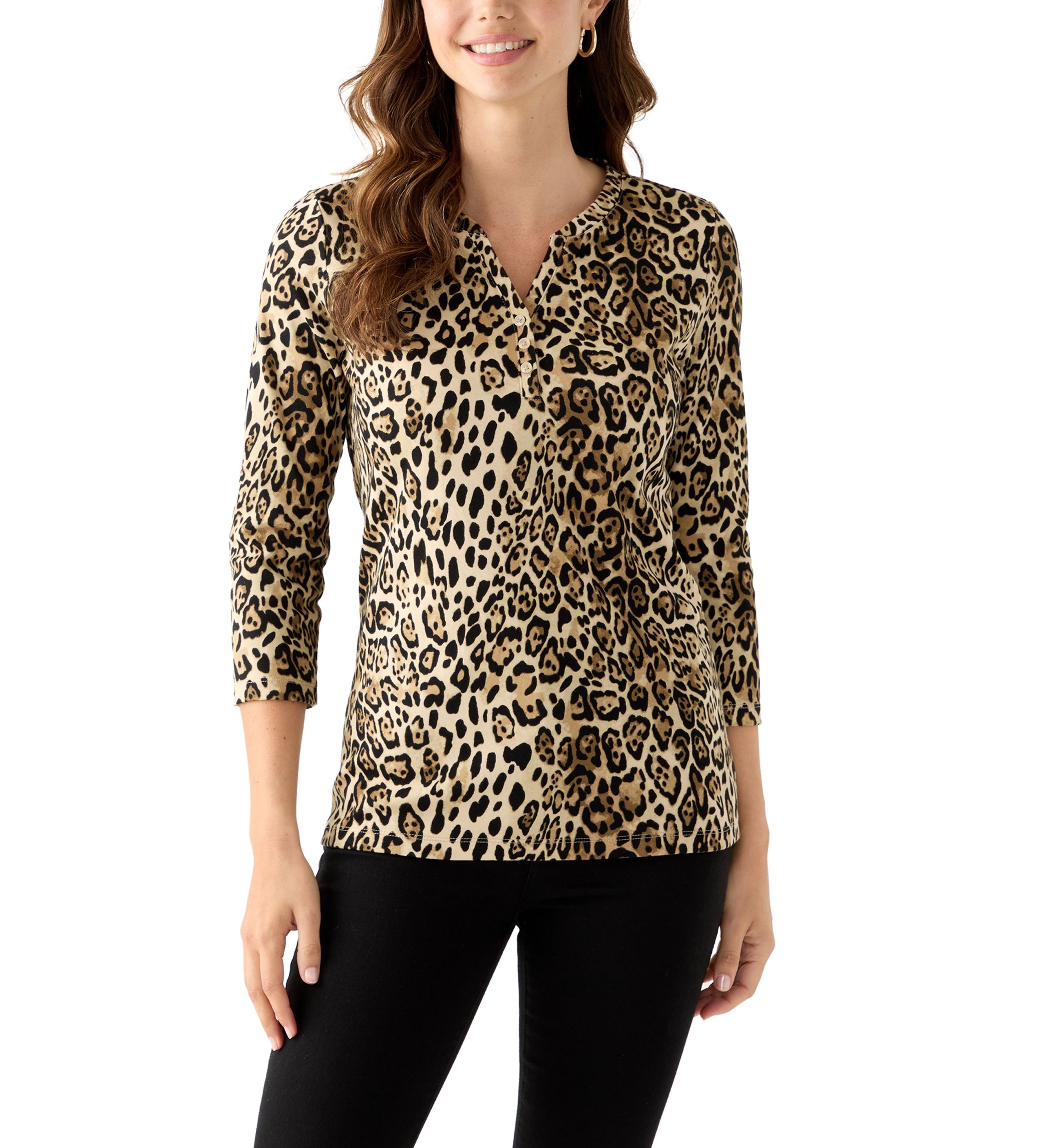 Womens 3/4 Sleeve Printed Henley Top