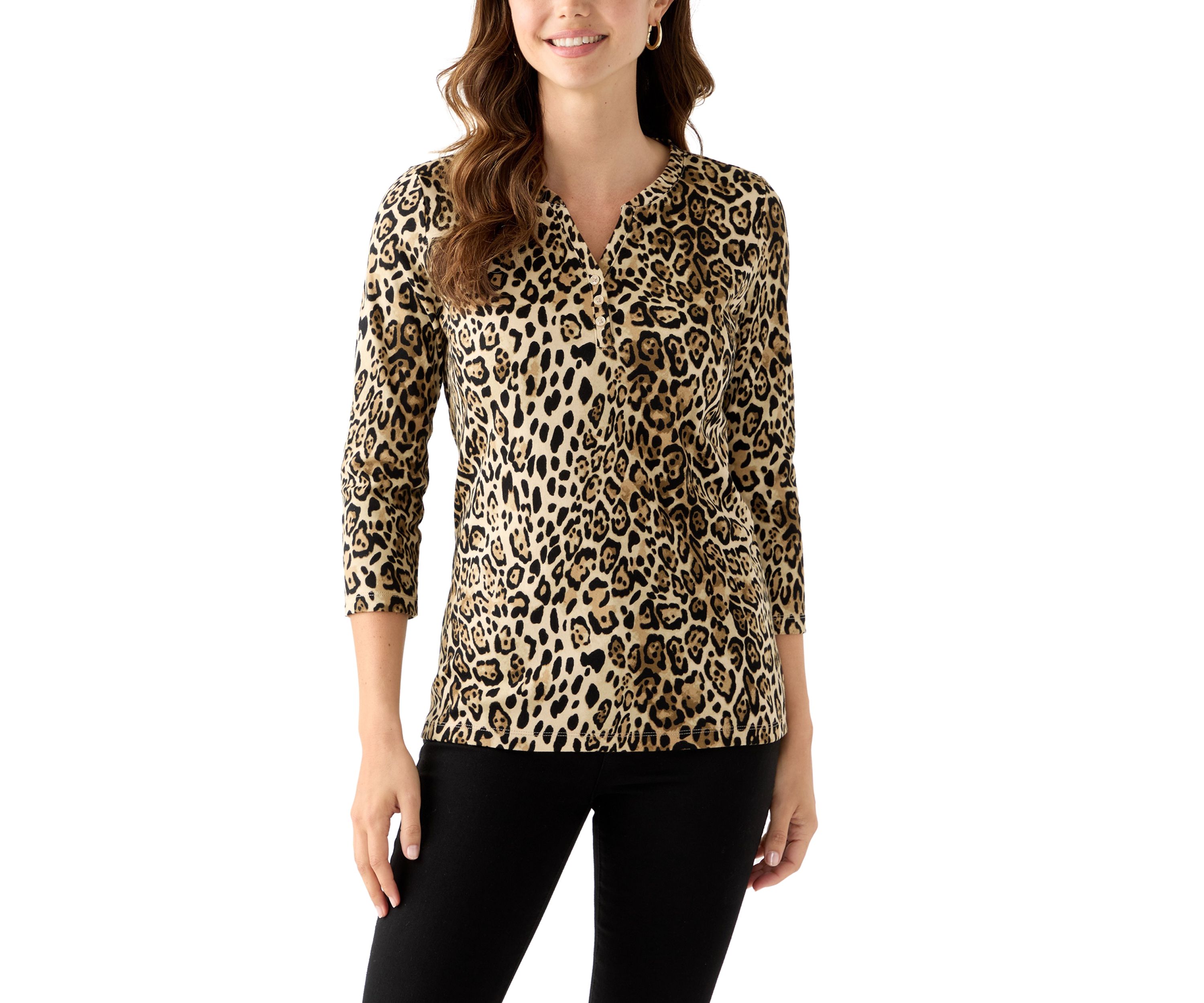 Womens 3/4 Sleeve Printed Henley Top