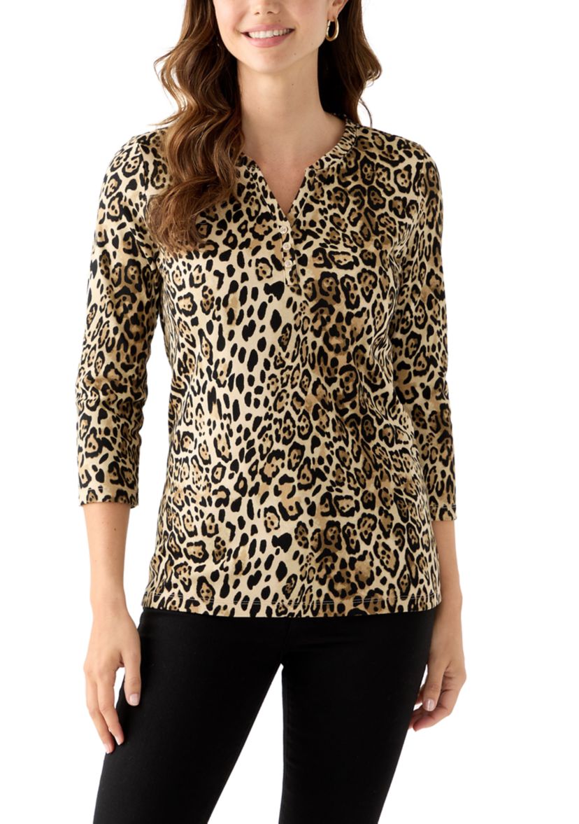 Womens 3/4 Sleeve Printed Henley Top