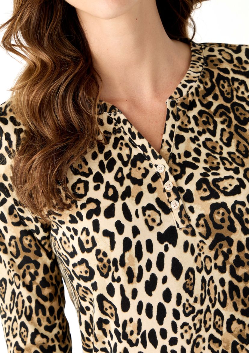 Womens 3/4 Sleeve Printed Henley Top