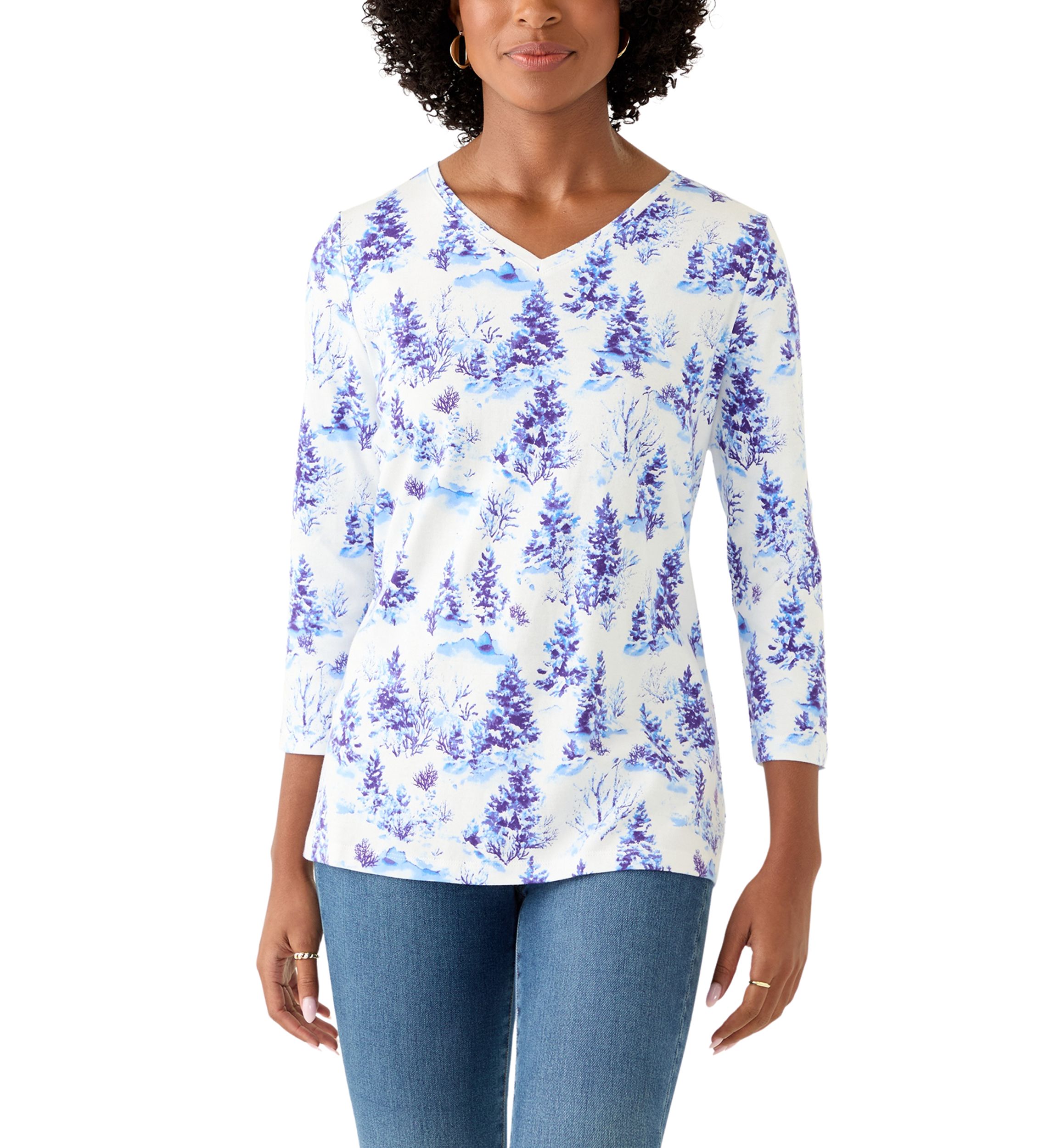 Womens 3/4 Sleeve V-Neck Printed T-Shirt