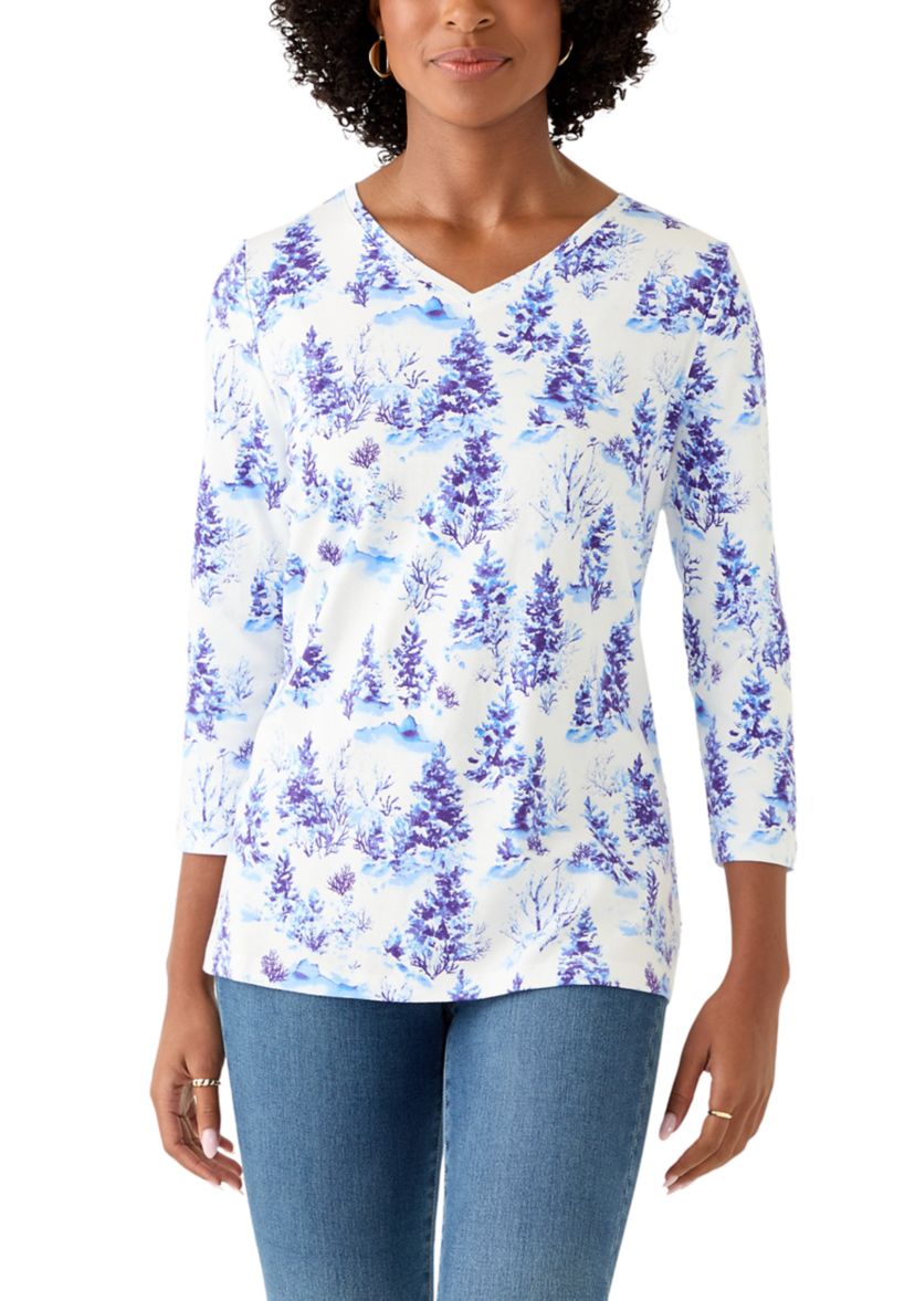 Womens 3/4 Sleeve V-Neck Printed T-Shirt