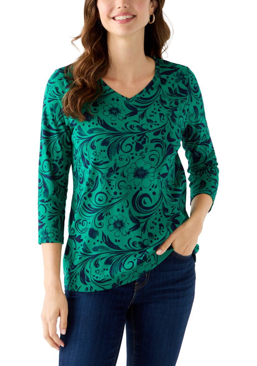 Womens 3/4 Sleeve V-Neck Printed T-Shirt
