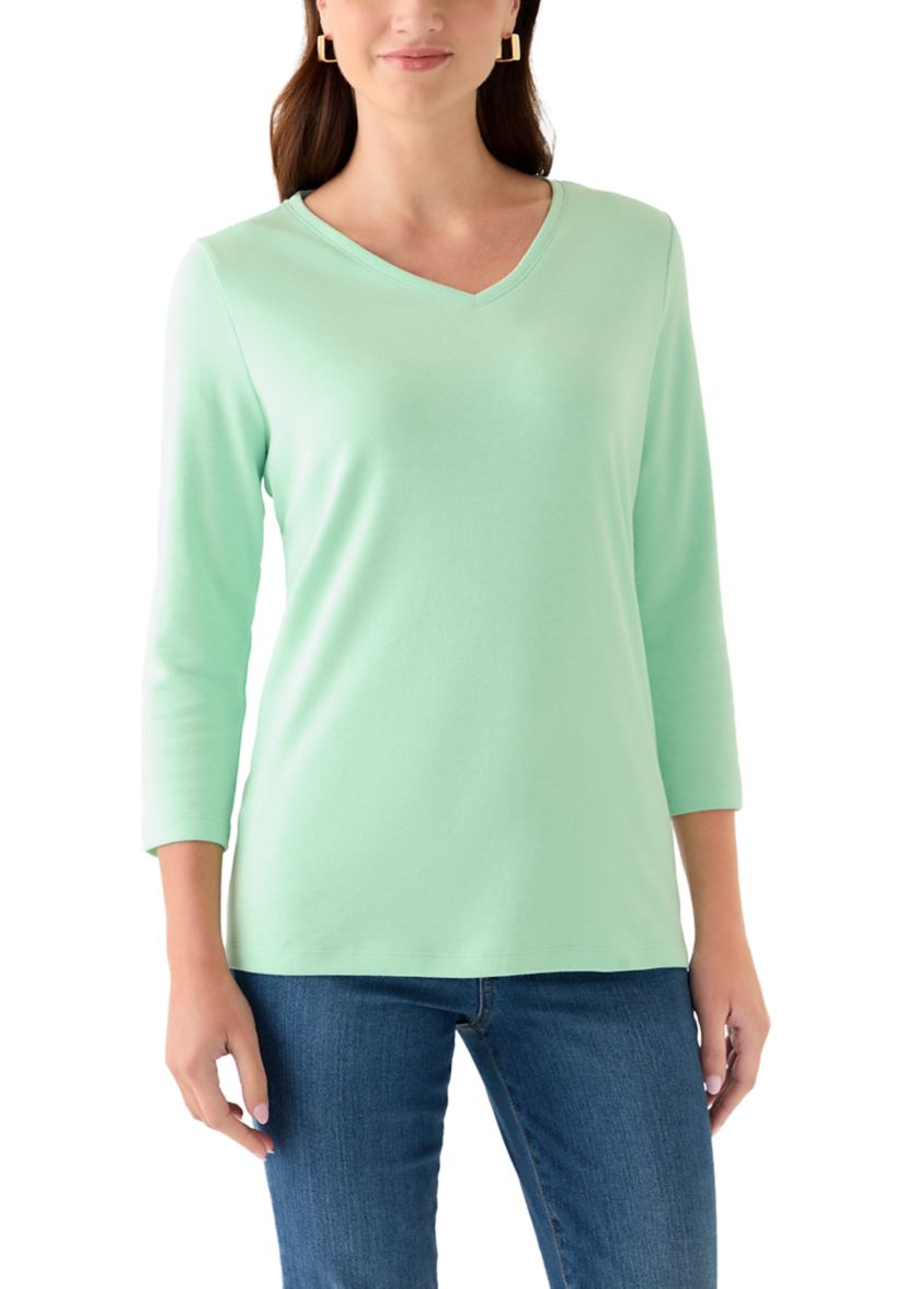 Womens Three-Quarter Sleeve V-Neck Heather Top