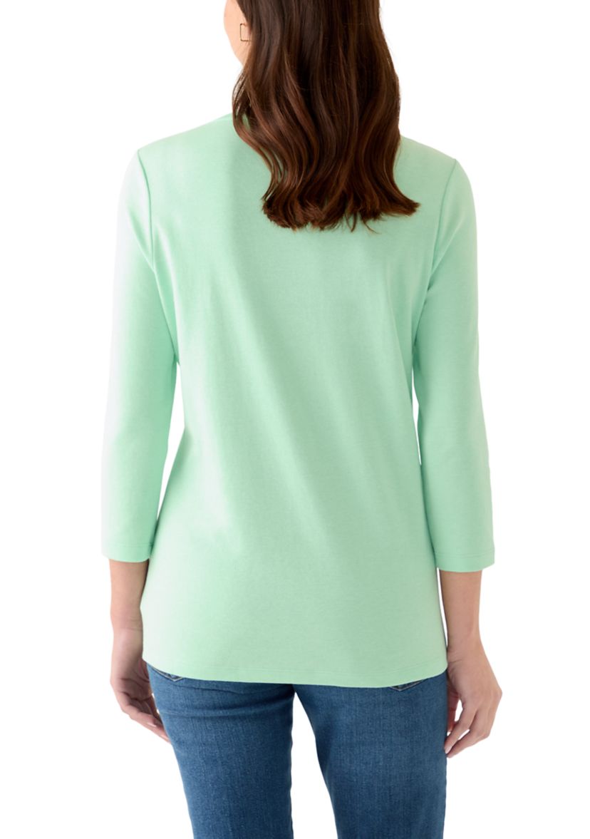 Womens Three-Quarter Sleeve V-Neck Heather Top