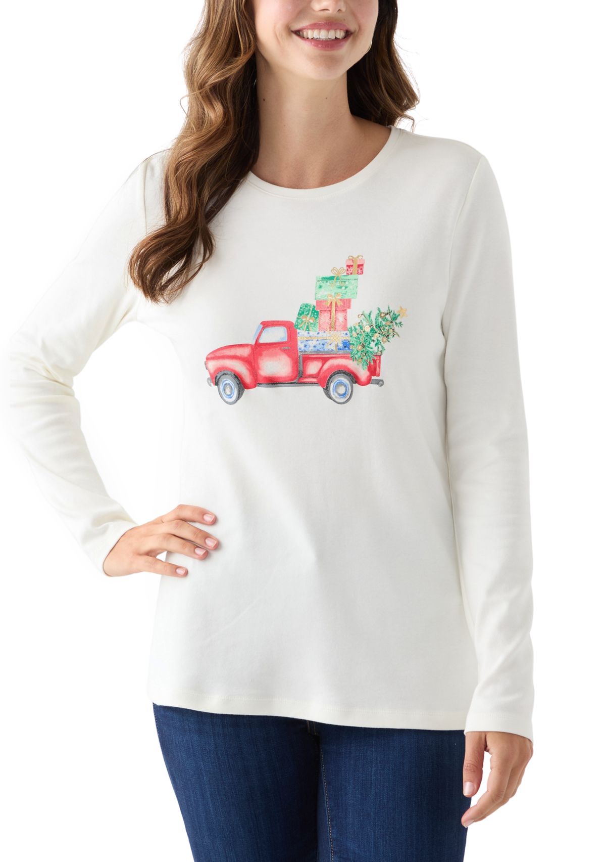 Womens Long Sleeve Christmas Postcard Graphic T-Shirt