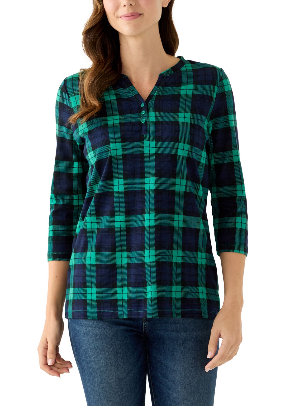Womens 3/4 Henley Print Striped Top