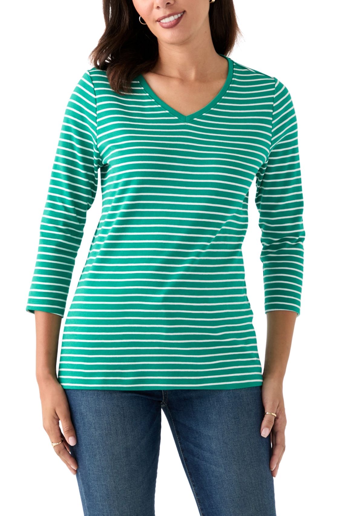 Womens 3/4 Sleeve V-Neck Striped Top