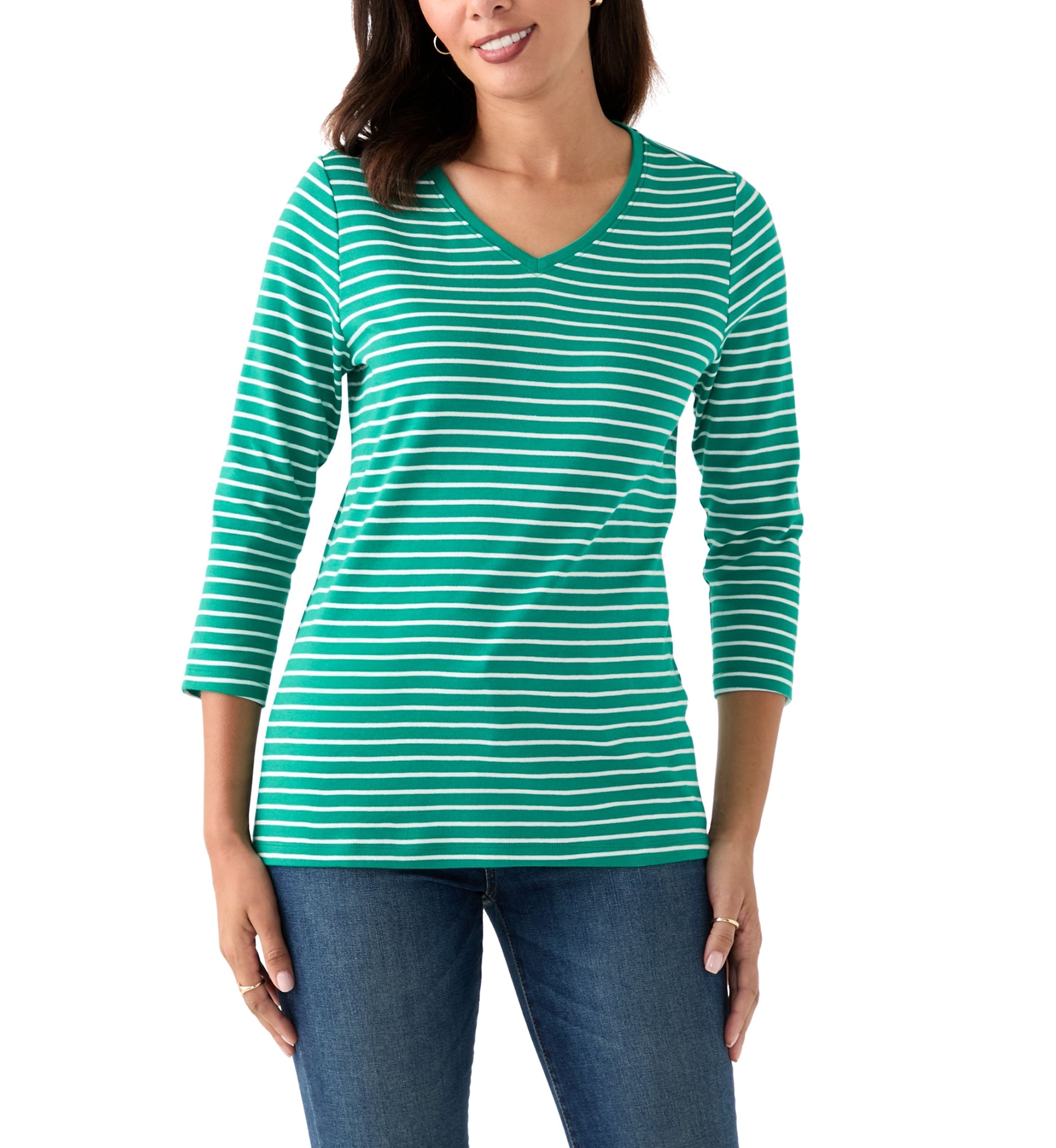 Womens 3/4 Sleeve V-Neck Striped Top