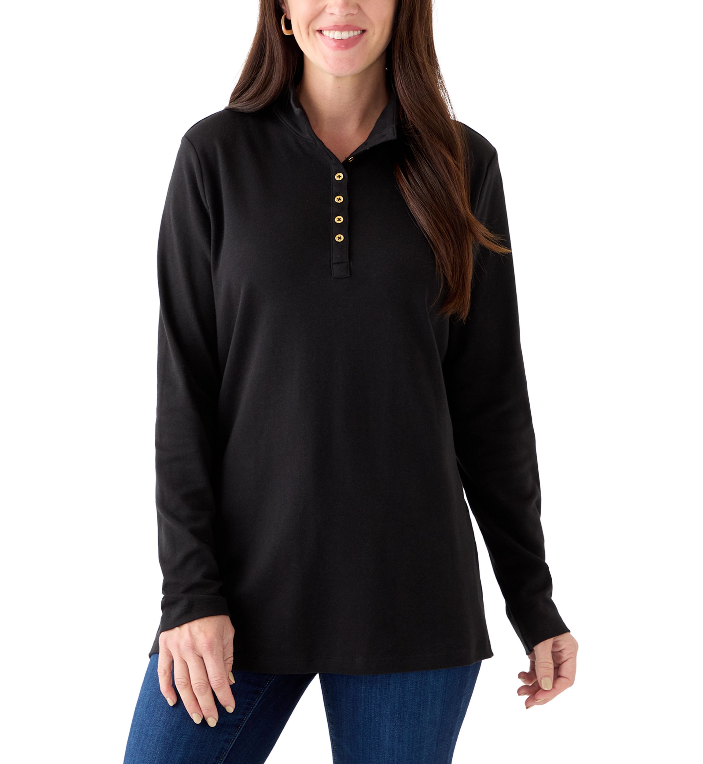 Womens Long Sleeve Henley Mock Neck Tunic T-Shirt