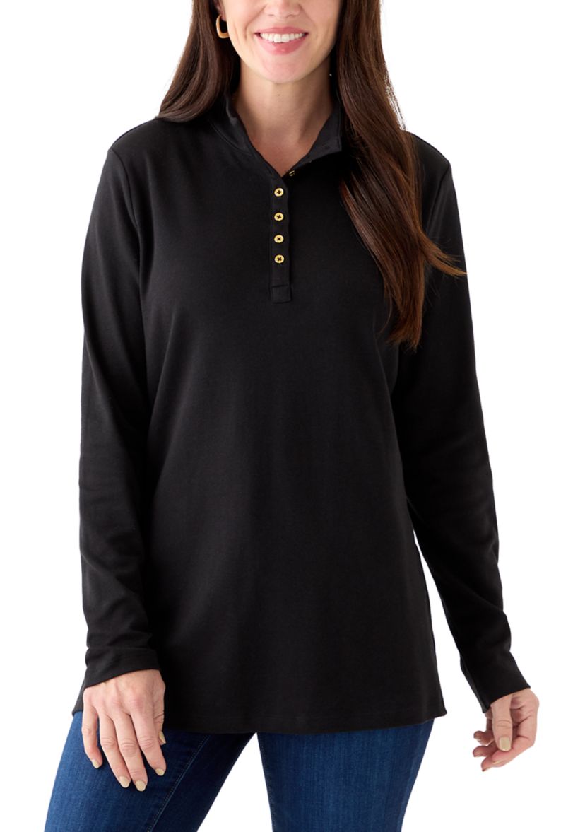 Womens Long Sleeve Henley Mock Neck Tunic T-Shirt