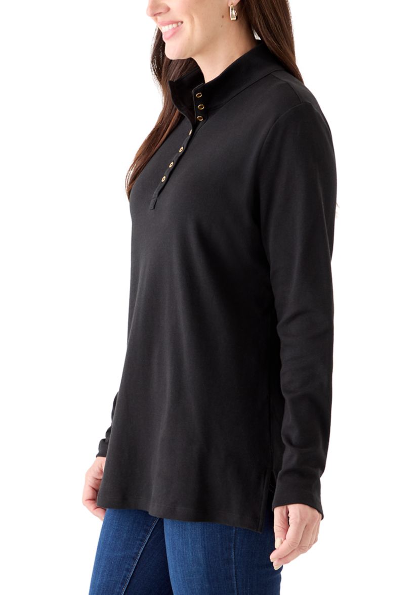 Womens Long Sleeve Henley Mock Neck Tunic T-Shirt