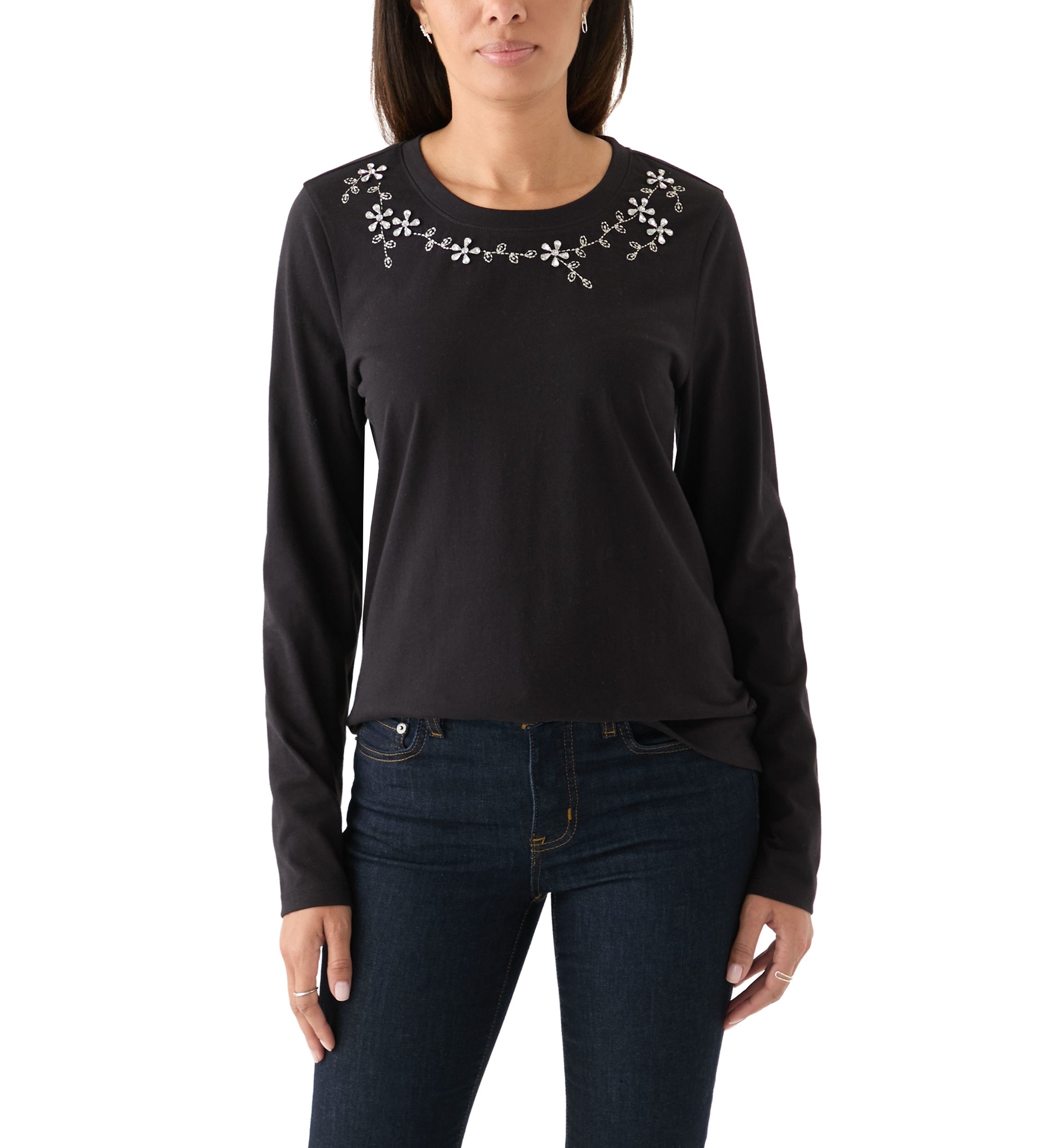 Womens Long Sleeve Embellished Neck T-Shirt