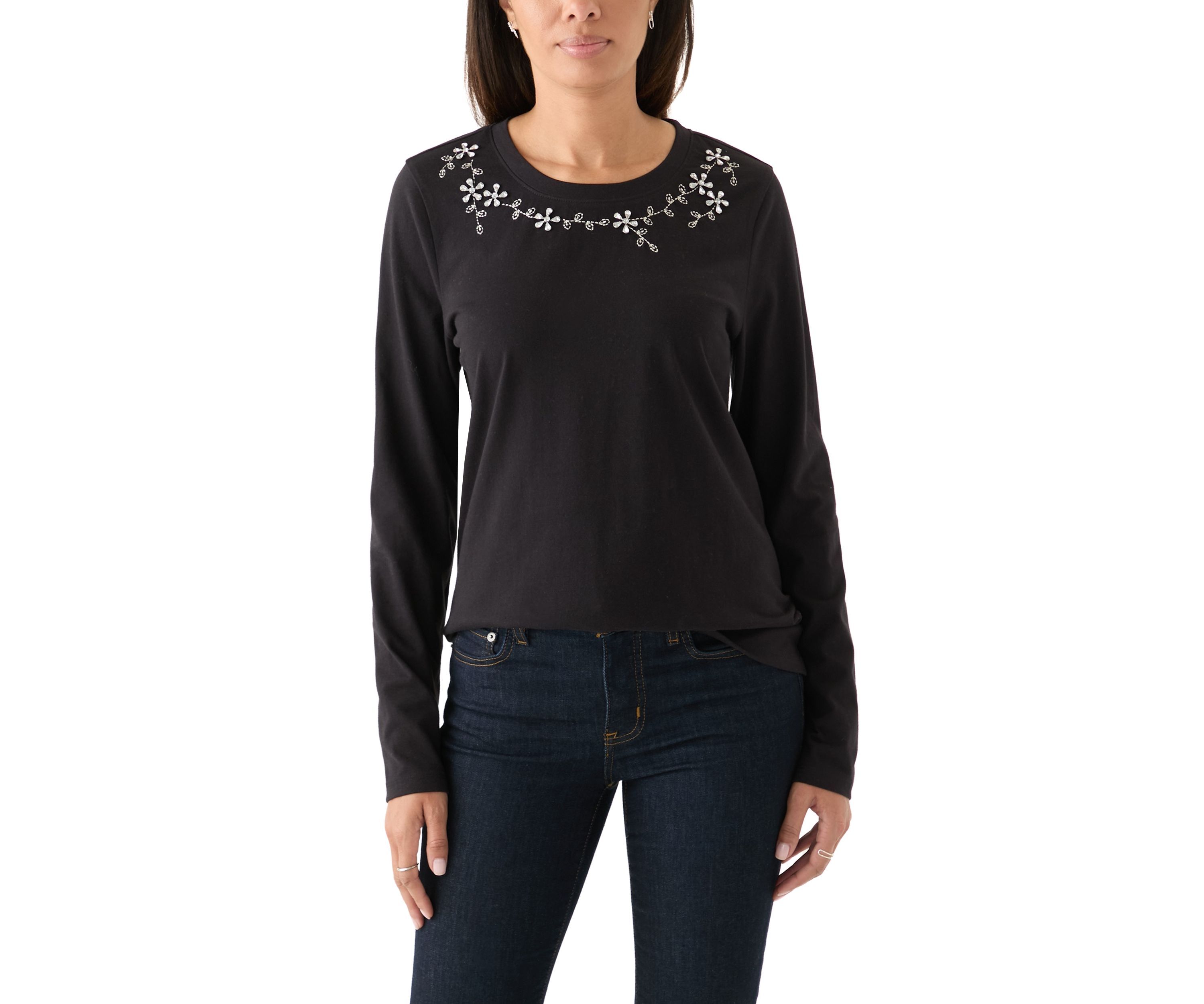 Womens Long Sleeve Embellished Neck T-Shirt