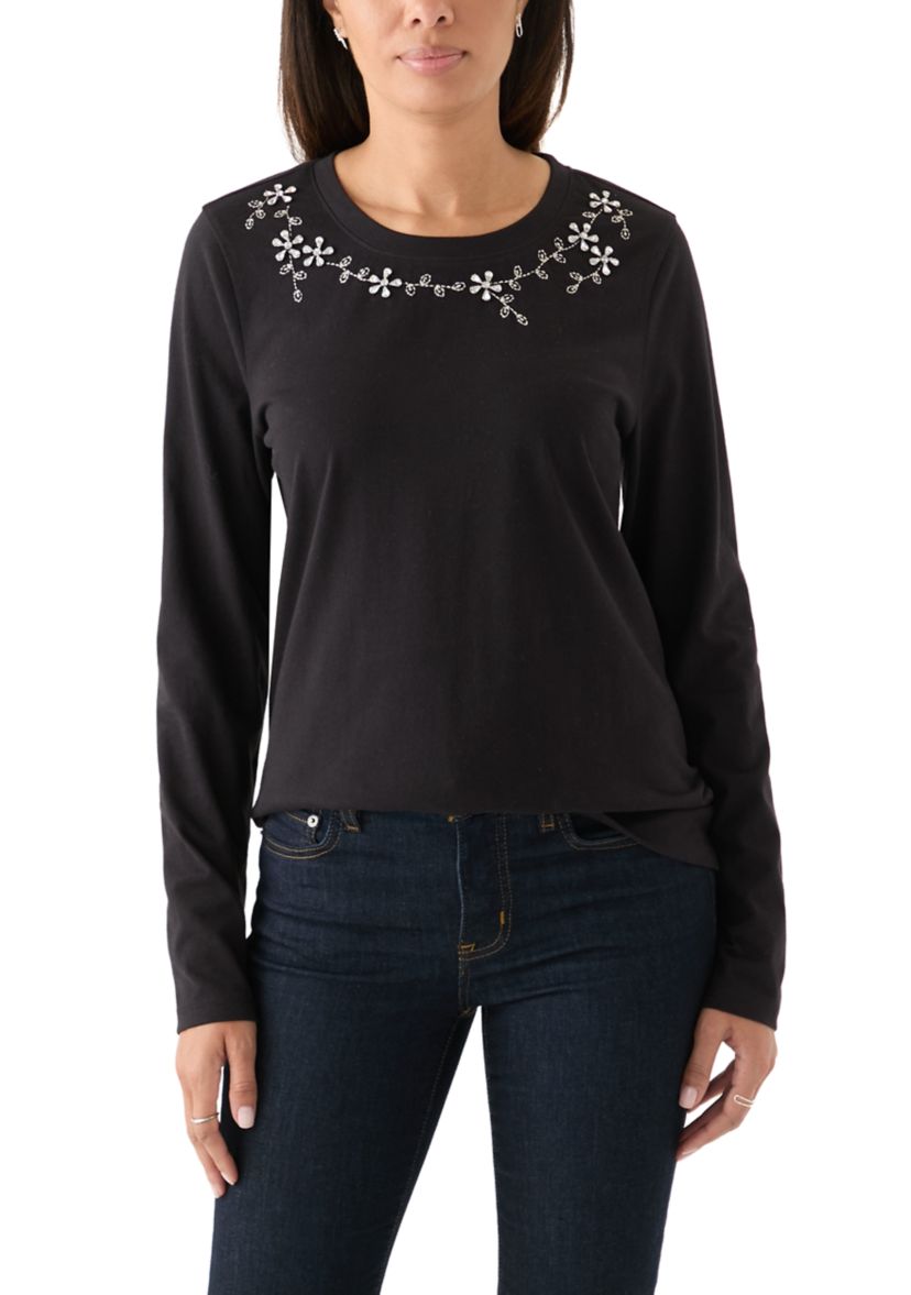 Womens Long Sleeve Embellished Neck T-Shirt