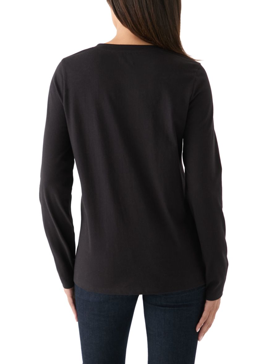 Womens Long Sleeve Embellished Neck T-Shirt