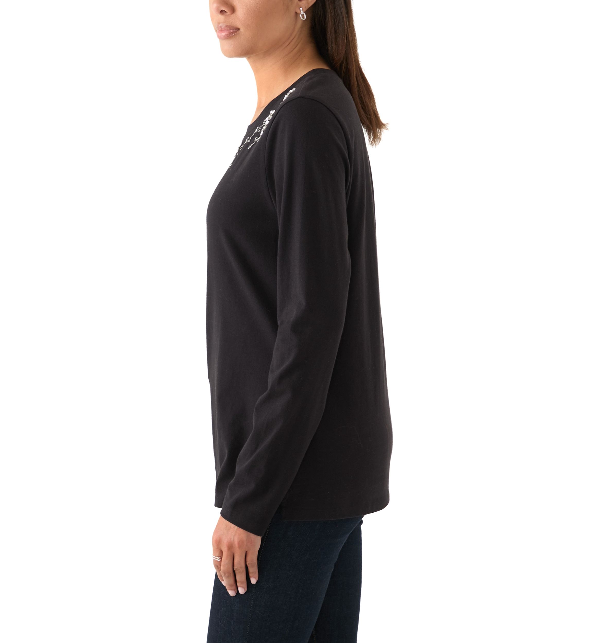 Womens Long Sleeve Embellished Neck T-Shirt