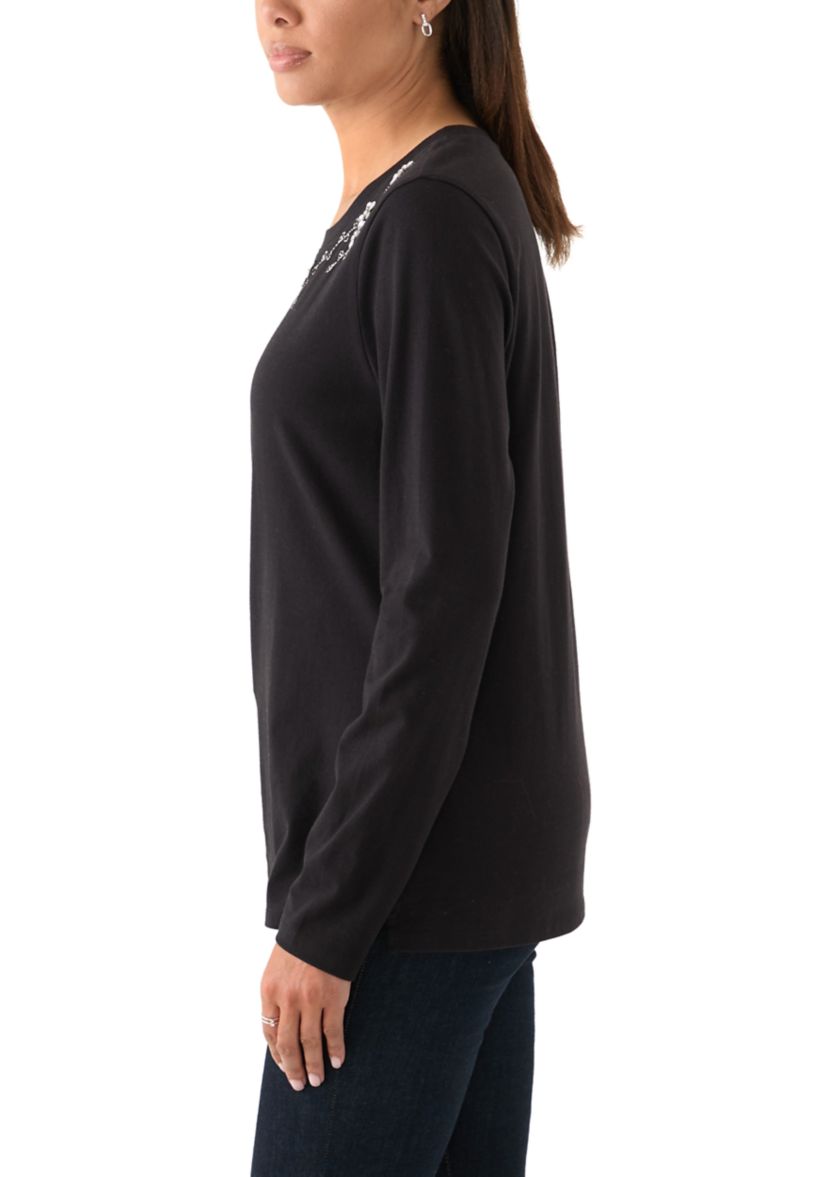 Womens Long Sleeve Embellished Neck T-Shirt
