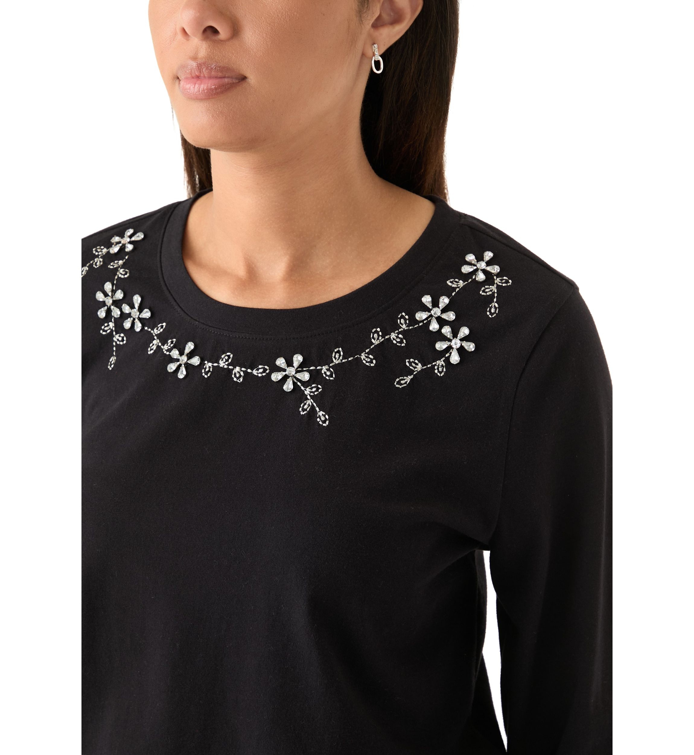 Womens Long Sleeve Embellished Neck T-Shirt