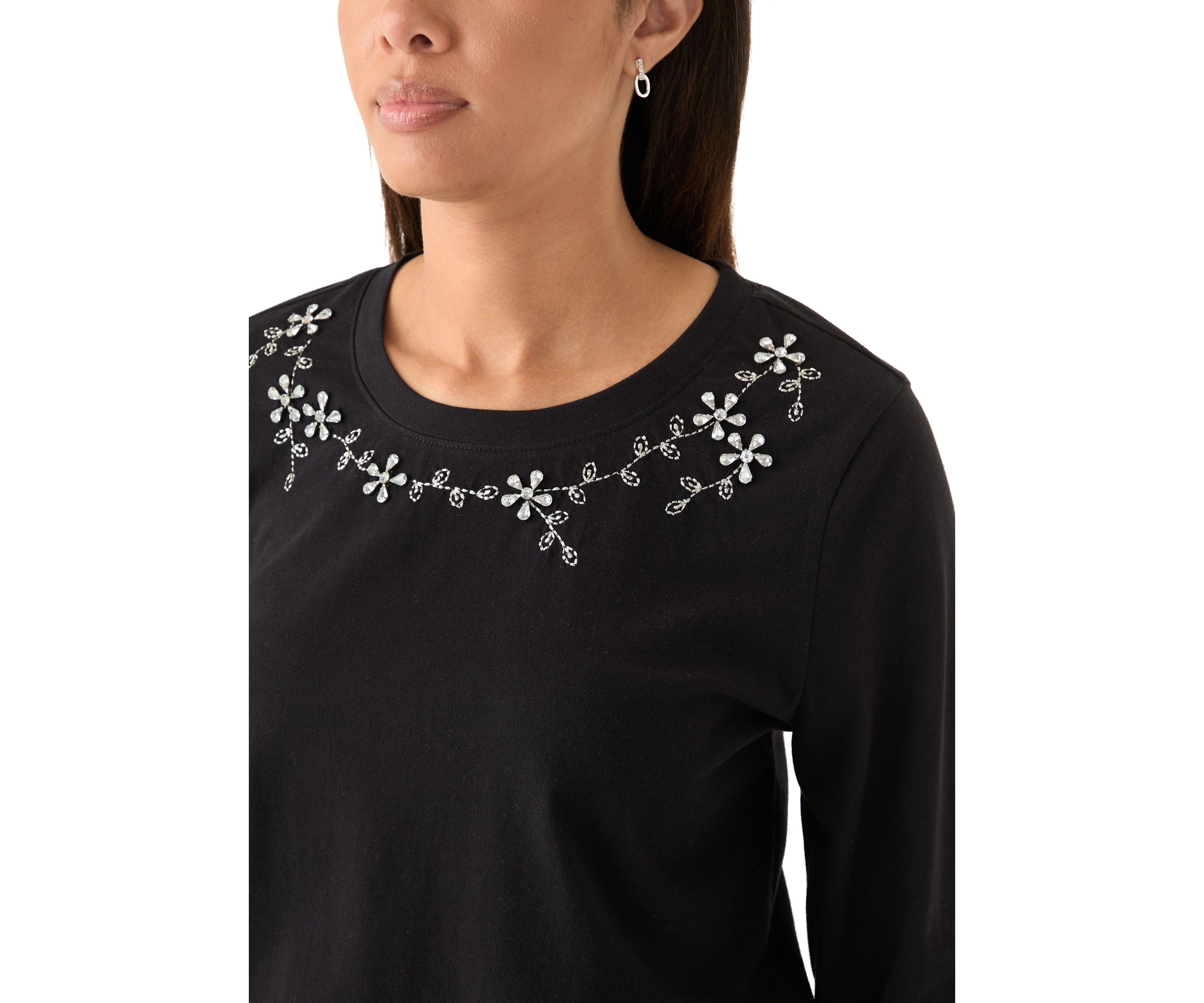 Womens Long Sleeve Embellished Neck T-Shirt