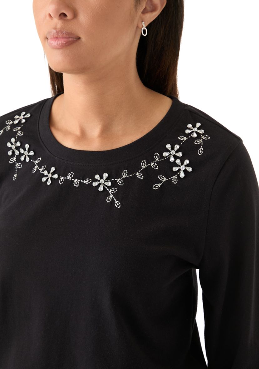 Womens Long Sleeve Embellished Neck T-Shirt