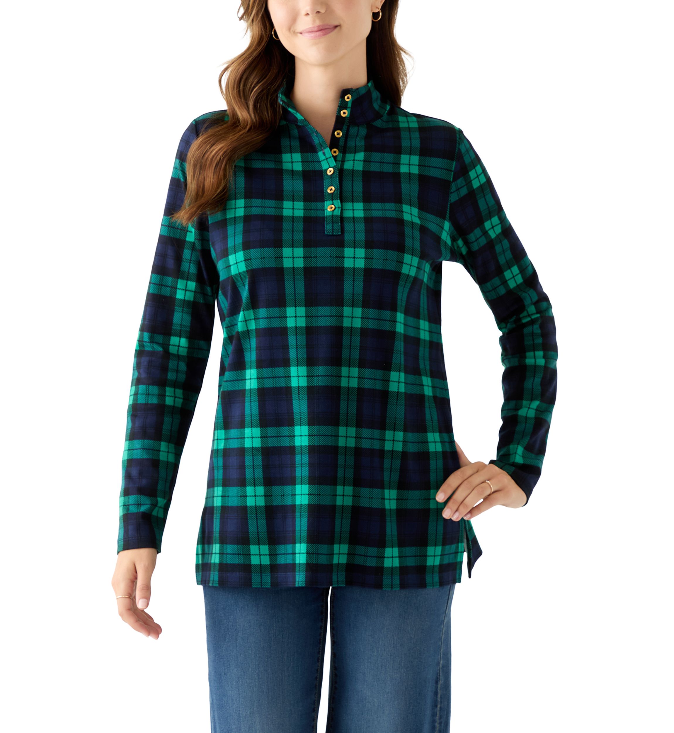 Womens Long Sleeve Henley Mock Neck Tunic Print