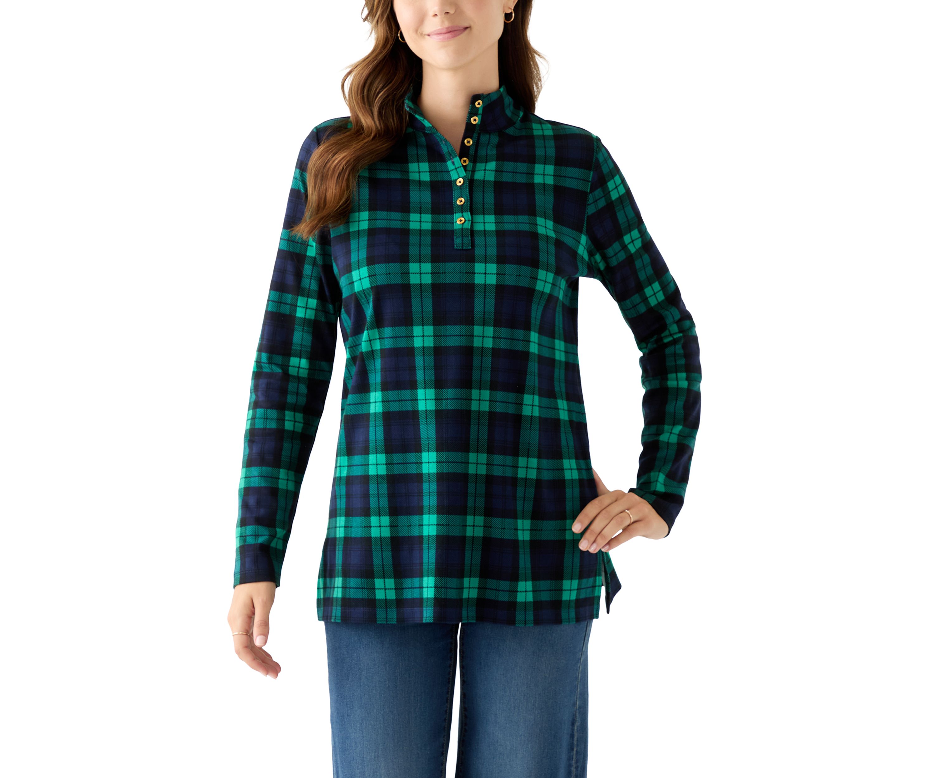 Womens Long Sleeve Henley Mock Neck Tunic Print
